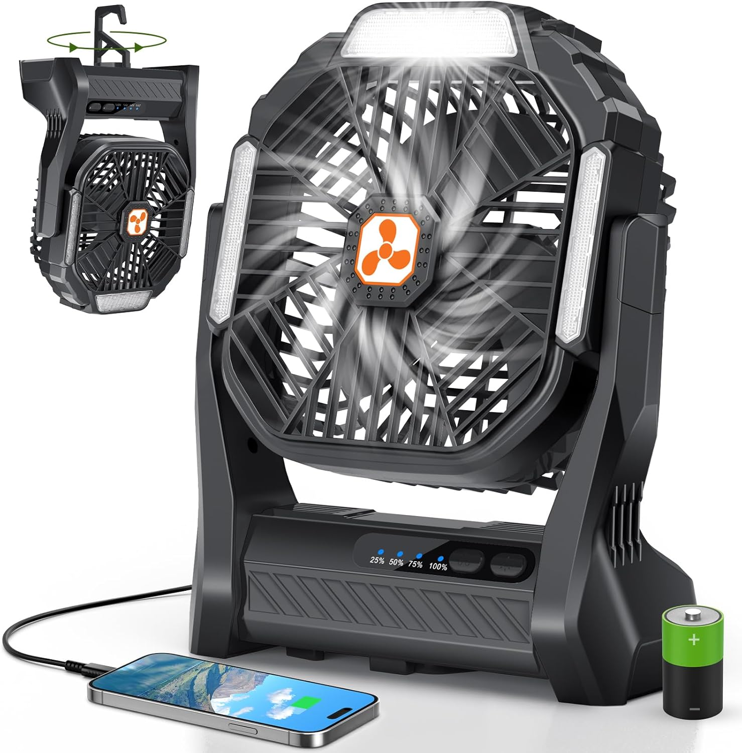 PDBEST Portable Rechargeable Fan, 20000Mah Cordless Rechargeable Battery Powered Camping Tent Fans with Sos & Led Lantern, 4 Speeds, Usb Desk Fan for Travel, Camping, Fishing, Indoor Orange