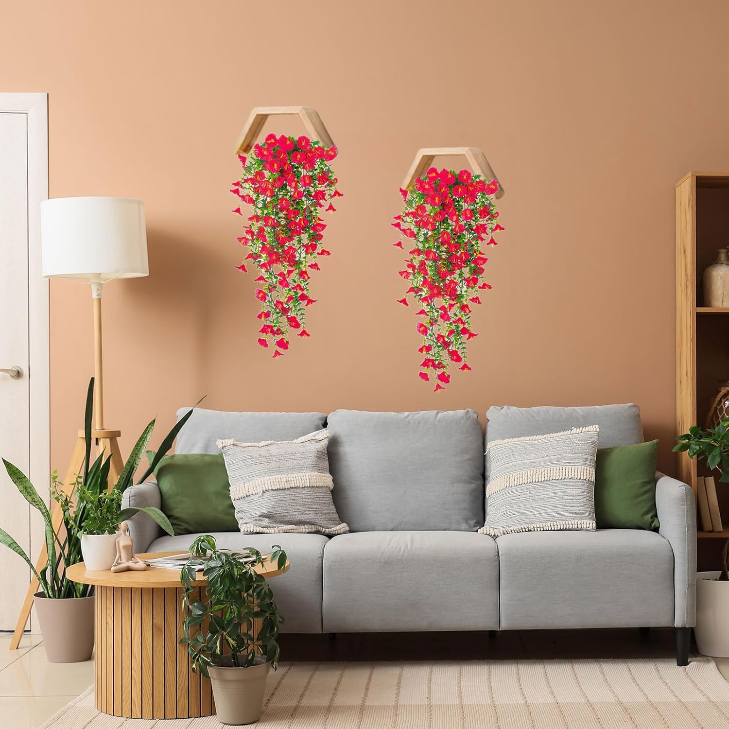 Yimingjin Artificial Fake Hanging Flowers Plants for Spring Decoration, 2PCS Silk Morning Glory Faux Flowers with Eucalyptus Leaves, UV Resistant Trailing Vines Outdoor Home Planter (Red) image number 4