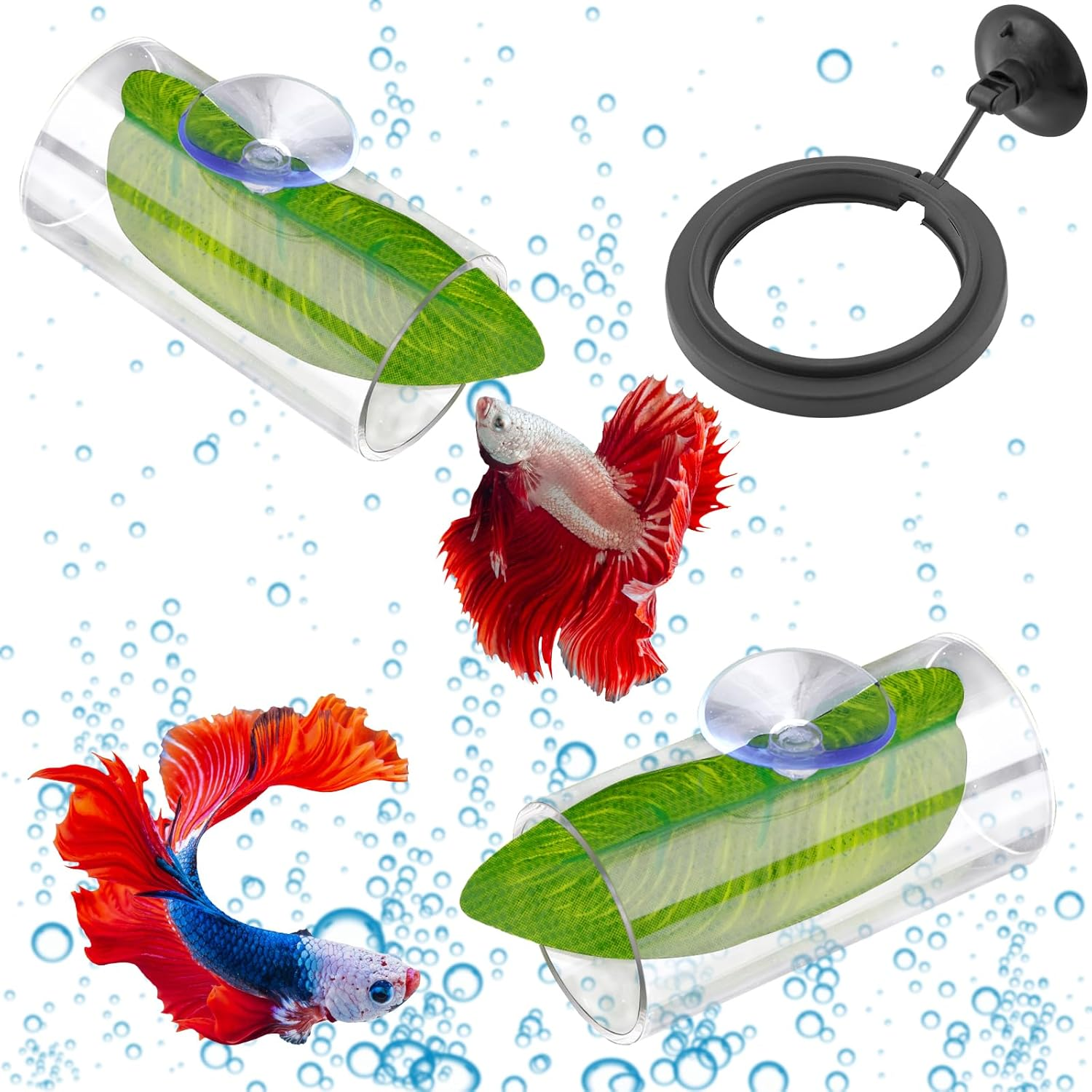 NQEUEPN Betta Fish Tank Accessories, 2Pcs Betta Tunnel & 2Pcs Betta Fish Leaf & round Fish Feeding Ring Fish Toys Betta Fish Natural Habitat Shelter Hideaway Betta Fish Tank Decorations image number 6
