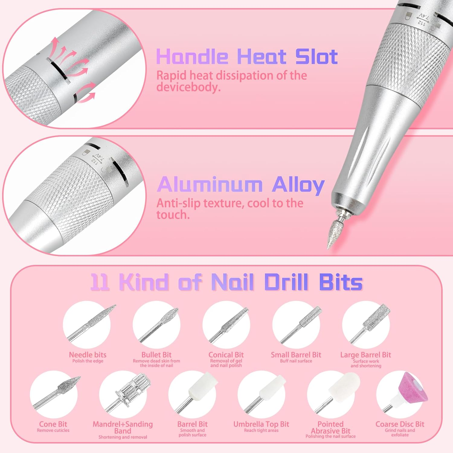 Nail Drill Portable Electric Nail File 45000RPM Rechargeable Nail Drill Professional with Bits & Base for Acrylic Gel Nails E File Machine Manicure Polishing for Salon Home image number 4