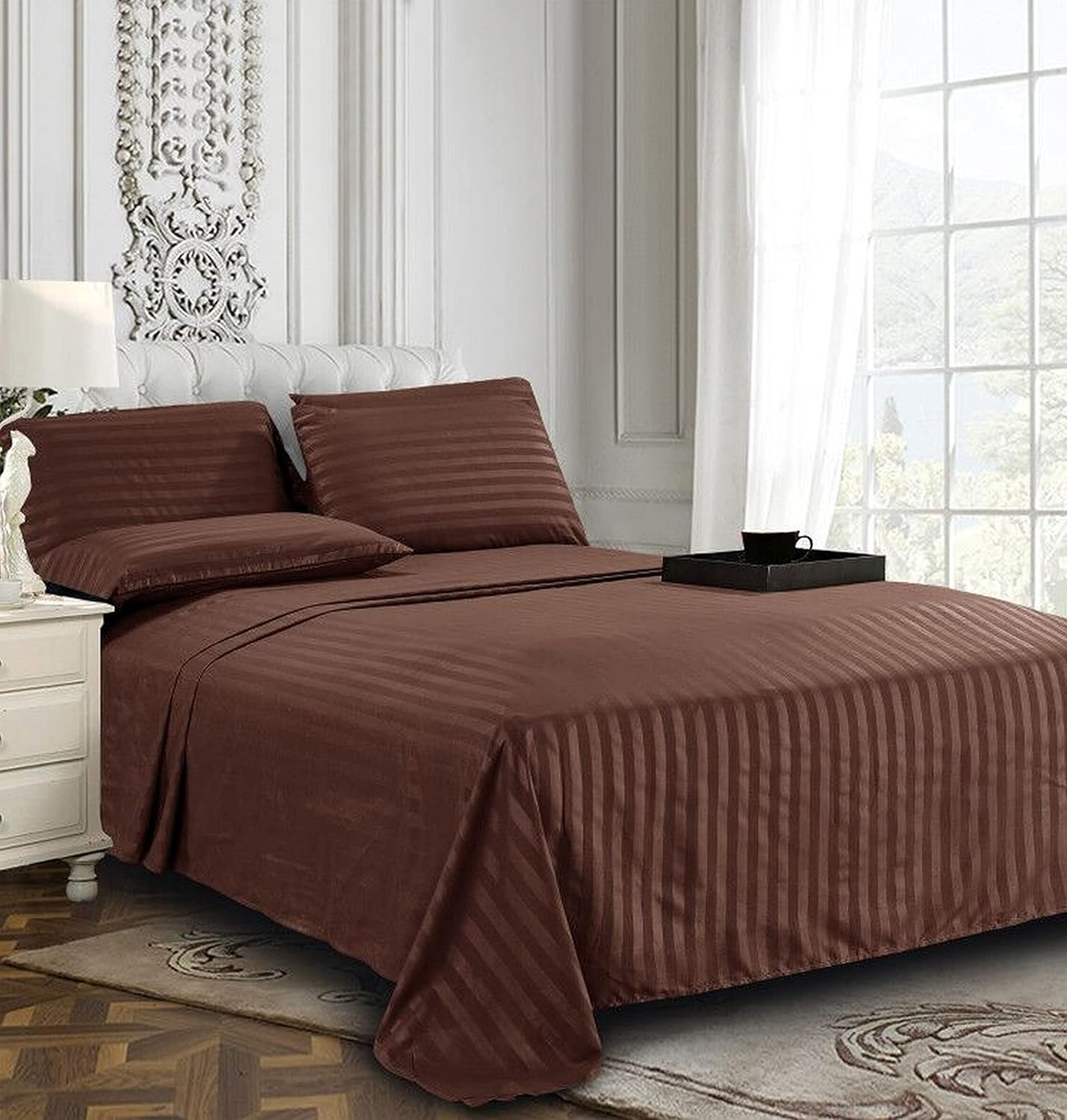 Elegant Comfort Softest and Coziest 4-Piece Sheet Set - 1500 Thread Count Egyptian Quality Luxurious Wrinkle Resistant 6-Piece Damask Stripe Bed Sheet Set, Twin, Chocolate Brown image number 7