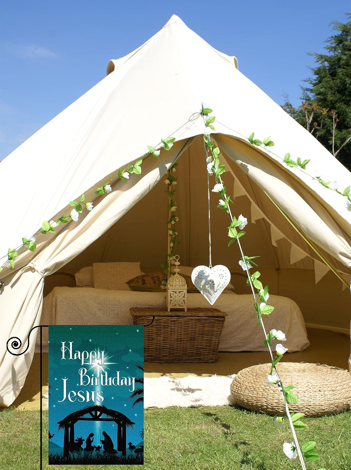 Happy Birthday Jesus Garden Flag,Christmas Holiday Porch Decor Yard Flag,Jesus in the Manger Garden Flag,12X18Inch Double Sided 12X18Inch