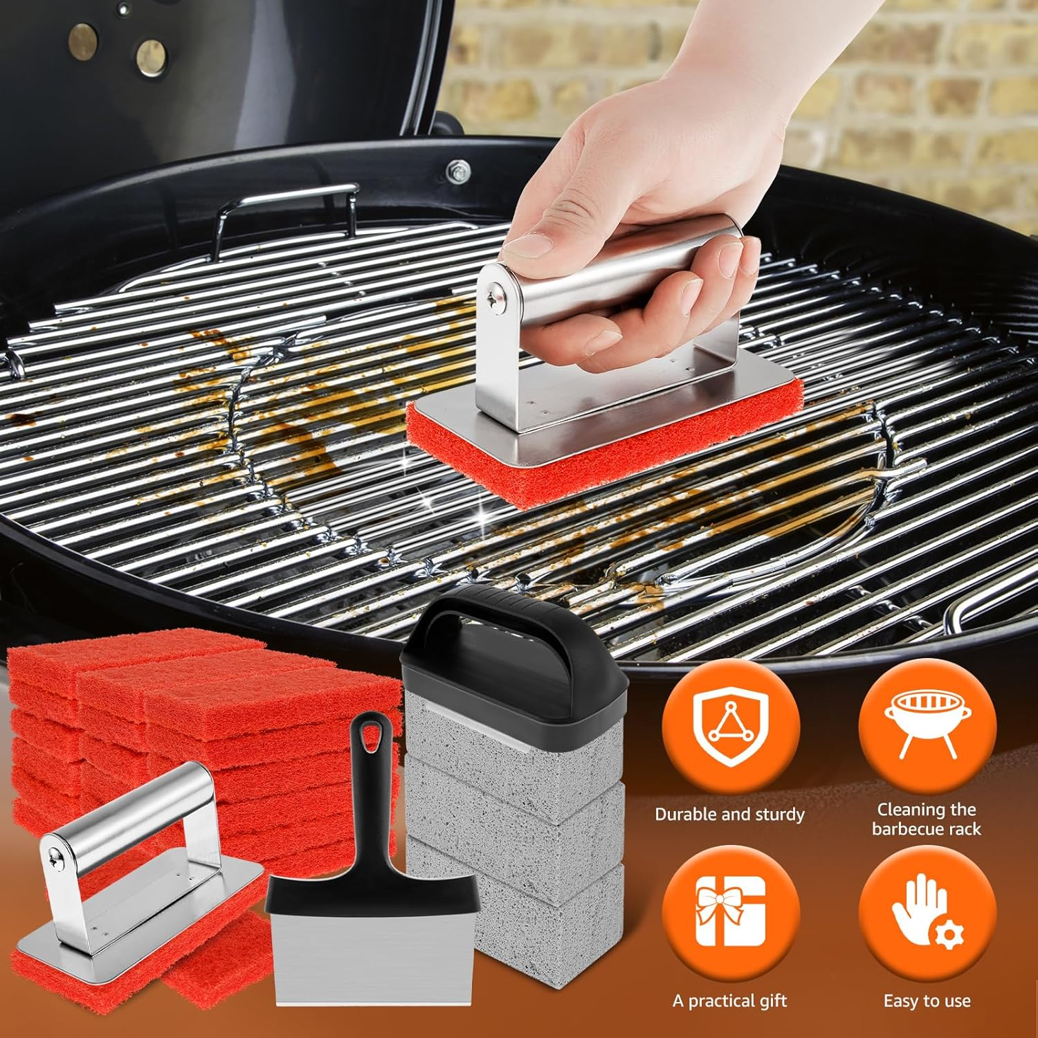 26Pcs Griddle Cleaning Kit Practical Flat Top Grill Cleaner Kit with Handle Scouring Pads Griddle Scraper and Pumice Stone Multifunctional Cleaning Kit Grill Cleaner Kit for BBQ Greasy image number 4