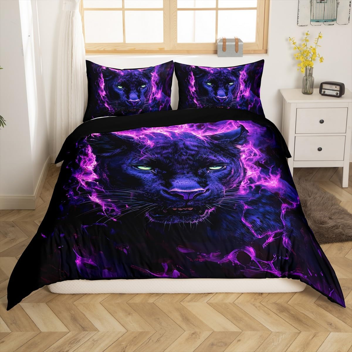 Homewish Leopard Print Duvet Cover for Children, Boys, Adults, Wild Cheetah Bedding Set, 135 X 200, 3D Fierce Animals, Wild Animals Comforter Cover, Purple, Fire, Cool Animals Bed Set image number 1