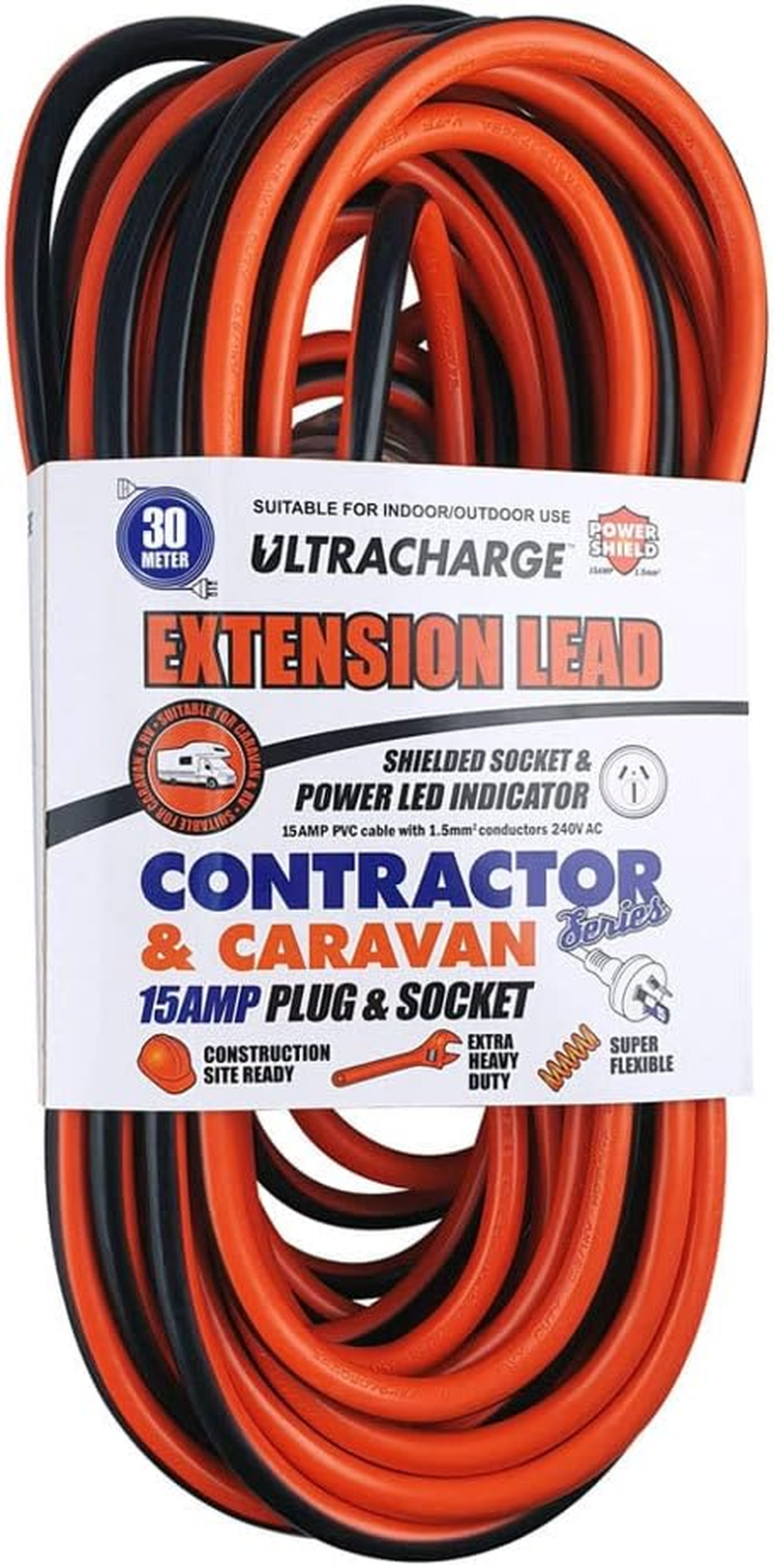 Ultracharge Contractor/Caravan Extension Lead 30M Cable Cord W/ 15A Plug/Socket