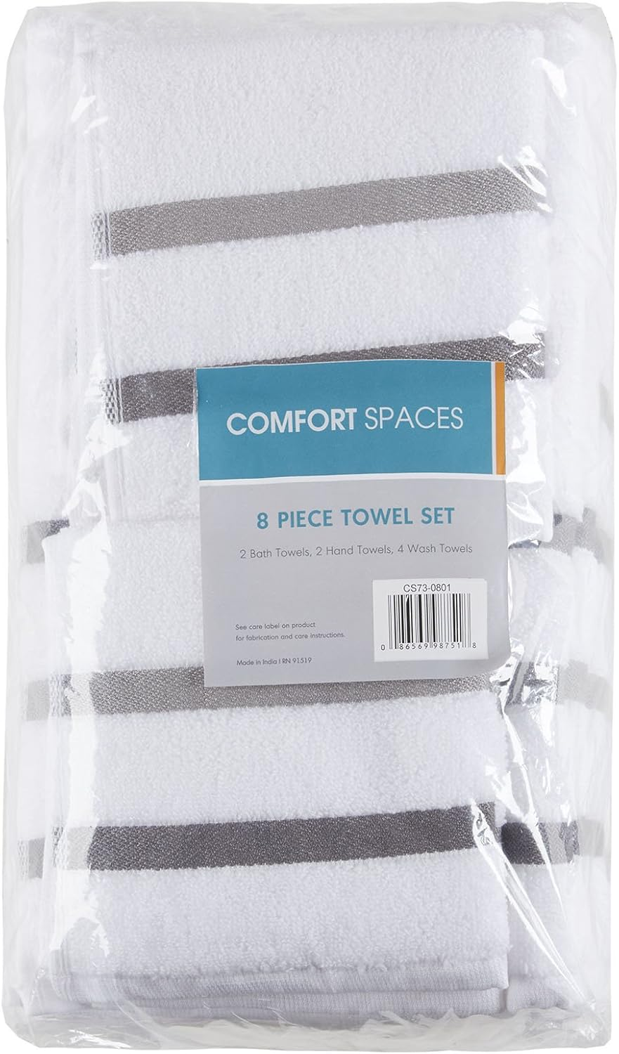 Comfort Spaces Cotton 8 Piece Bath Towel Set Striped Ultra Soft Hotel Quality Quick Dry Absorbent Bathroom Shower Hand Face Washcloths, Multi-Sizes, Zero Twist Charcoal 8 Piece - Charcoal image number 3