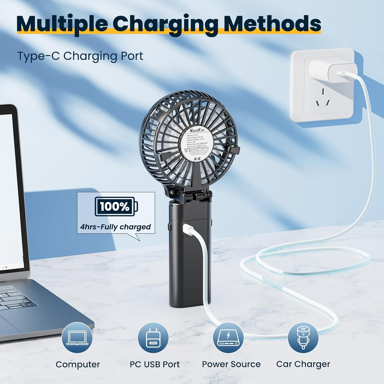 Handfan 5200Mah Portable Handheld Fan, Personal Hand Held Fan USB Rechargeable, 180&deg; Foldable Portable & Detachable Handle Design,3 Speeds Strong Airflow Cooling for Travel/Outdoors/Indoors (Black) image number 1