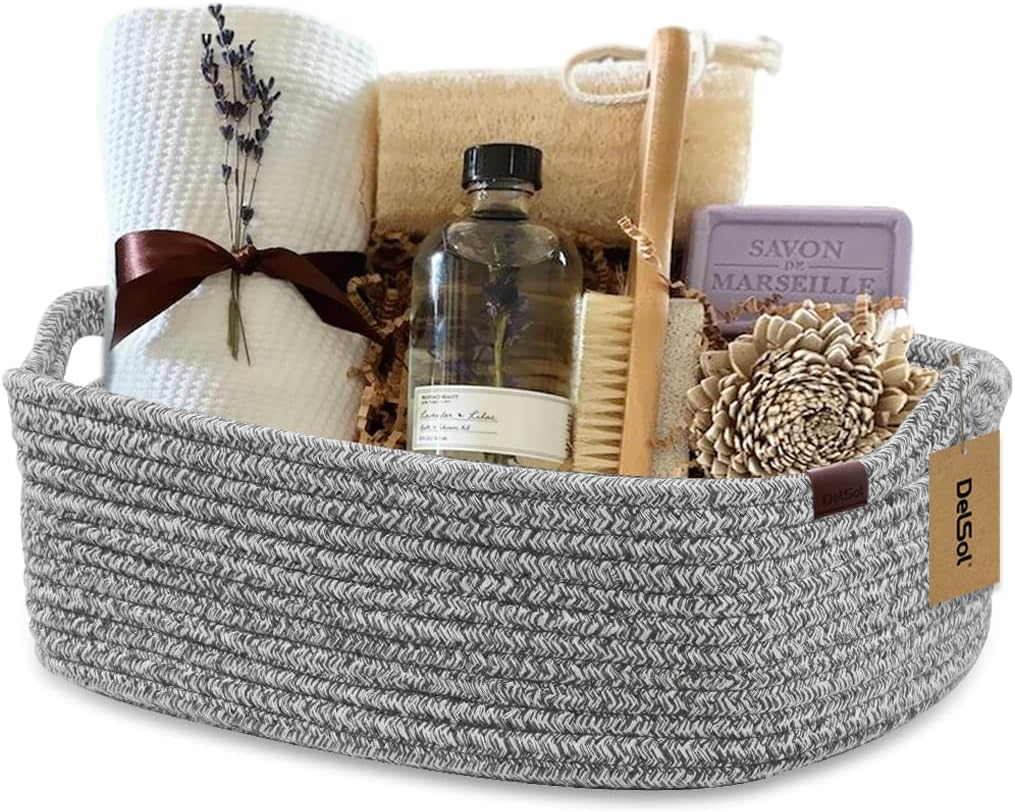 Cotton Rope Woven Basket with Handles, Baby Shower Gift Basket Empty, Toys, Cat Dog Toy, Books Organizing, Small Storage Basket for Closet Shelves, Blanket, Towel, Baby Nursery, Bathroom, Bedroom