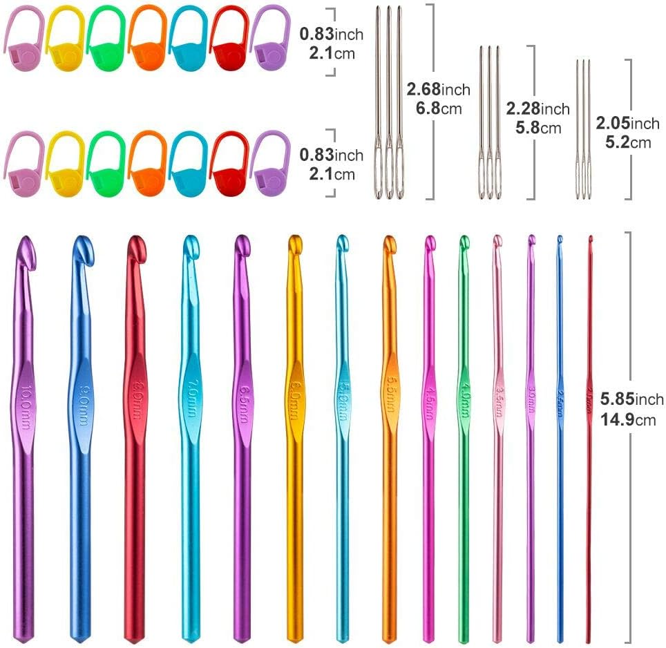 Vodiye 37 PCS Crochet Hooks Set, High Quality Coloured Aluminum Ergonomic Handle Crochet, Hook Needles for Arthritic Hands, with Stitch Markers and Large-Eye Blunt Needles image number 5
