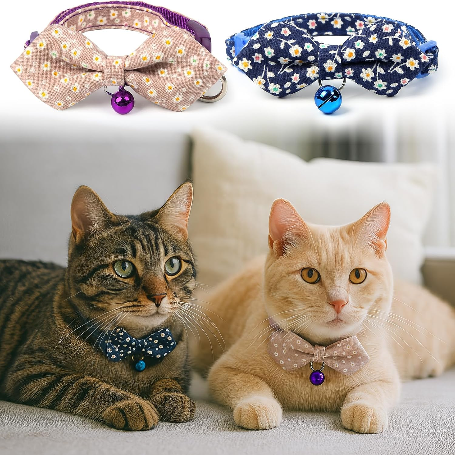 ARYIMYDP Pack of 2 Cat Collars with Safety Clasp and Bell, Adjustable Collar for Cats and Dogs, Lightweight Bow Design with Floral Pattern, Comfortable, Breathable (19-27 Cm)