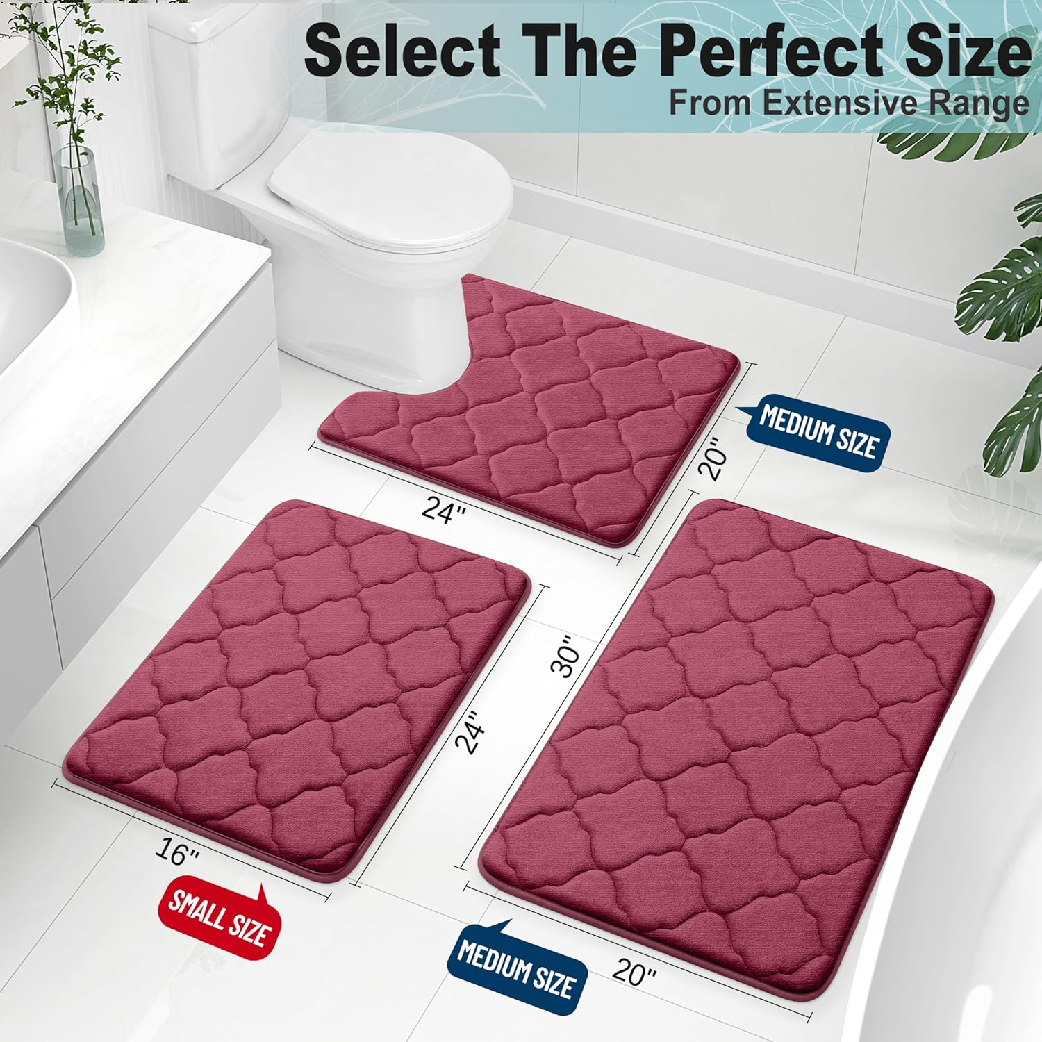 OLANLY Memory Foam Bath Mat Rug, Ultra Soft Non Slip and Absorbent Bathroom Rug, Machine Wash Dry, Comfortable, Thick Bath Rug Carpet for Bathroom Floor, Tub and Shower, 17X24, Burgundy image number 2