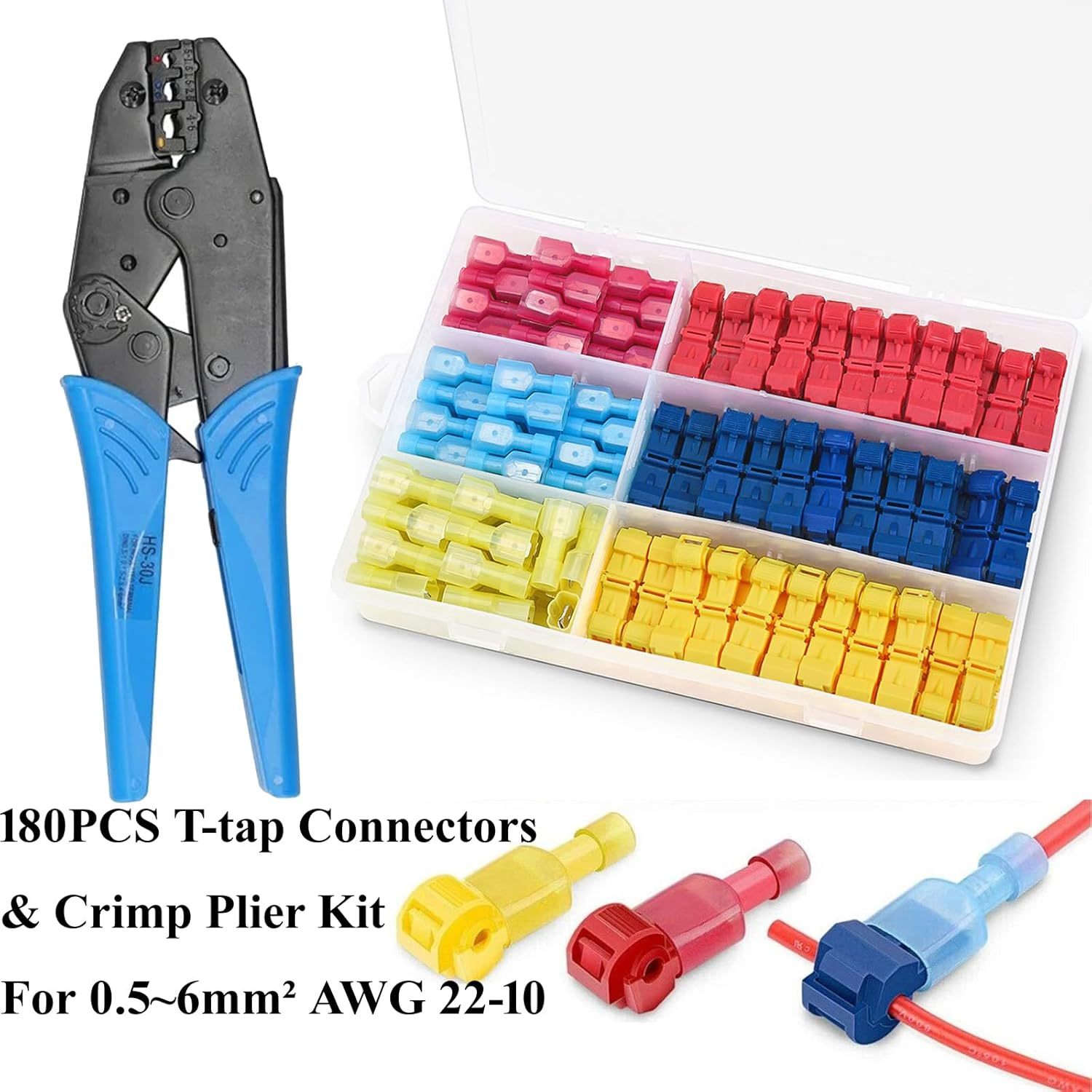 180PCS T Tap Wire Connectors Male Spade Terminals with Crimper,90Pairs Auto Quick Splice Electrical Wire Insulated Quick Disconnect Assortment Kit, AWG 22-18, AWG 18-14,AWG 12-10 image number 2