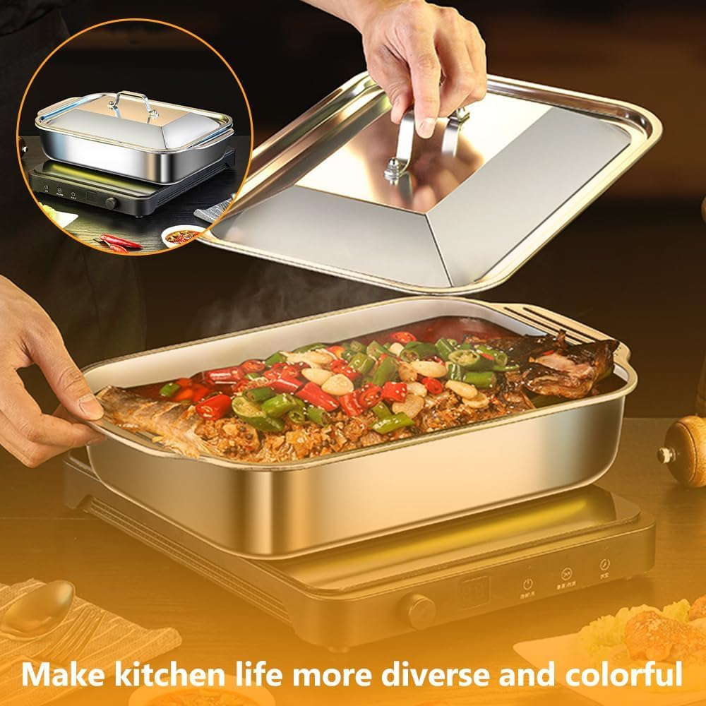 Stainless Steel Grill Pan with Lid, Deep Square Roast Pot, Commercial-Grade Fish Bake Boiler, Large Toast Seafood Caldron for Fish, for Oven/Stovetop/Bbq（41X21X8Cm） image number 2