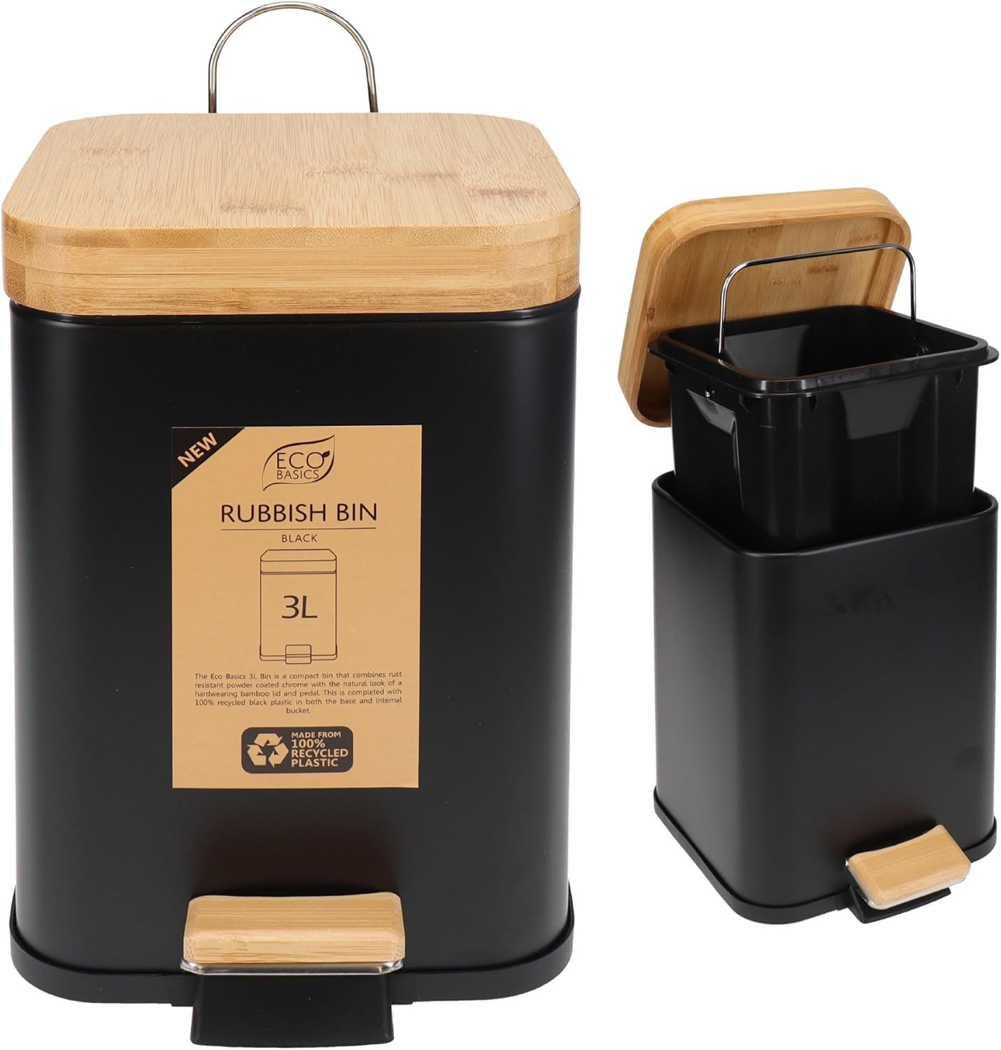 Eco Basics Rubbish Square Bin 3L, Black - Compact Bin with Recycled Plastic, Bamboo Lid & Pedal, Soft Close Quiet Operation, Space-Saving Design for Toilets, Living Rooms, & Small Spaces, 24X22X16Cm