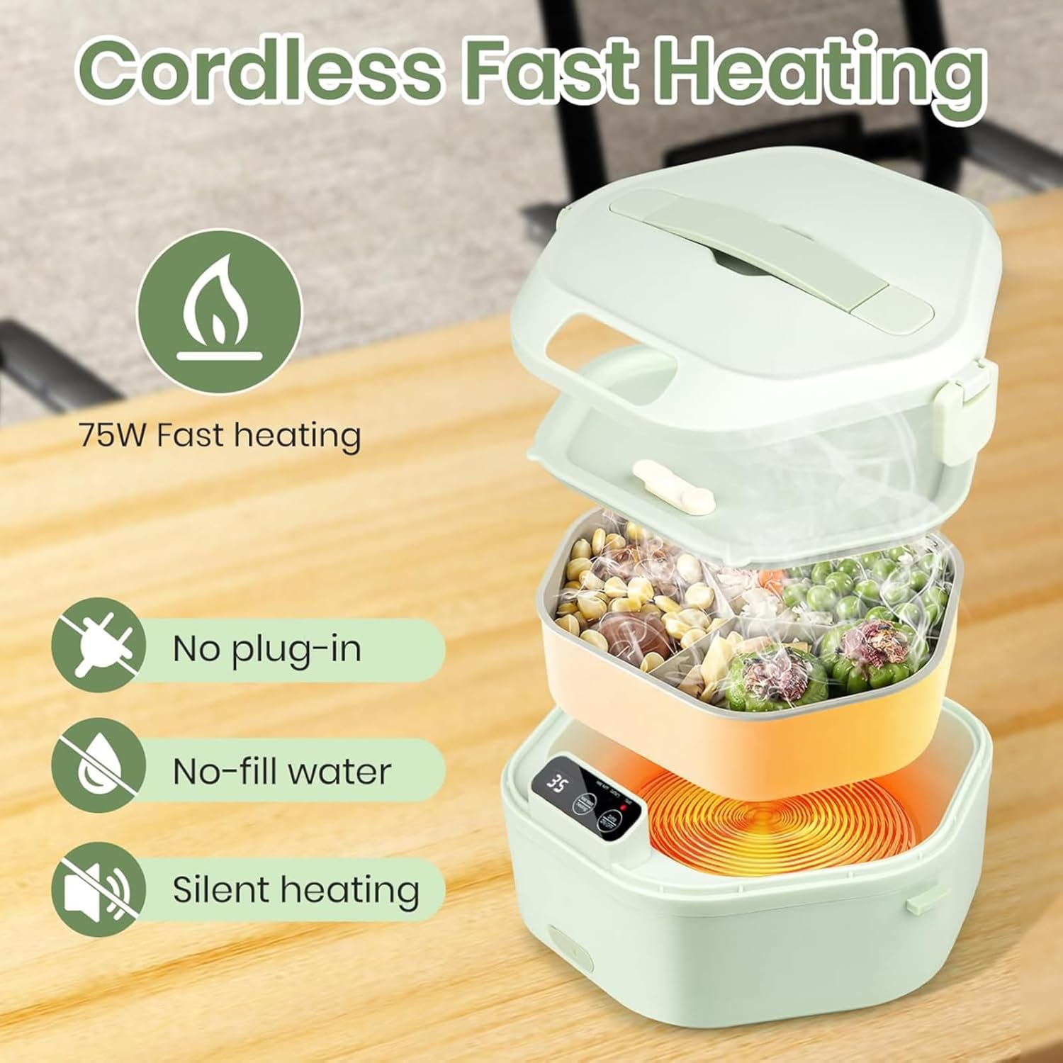 Cordless Electric Lunch Box,Heated Lunch Box Battery Powered with 1L Container, Adjustable Heating Warming Time Portable Food Warmer with Large Bag, Cutlery for Work, Travel and Office image number 5