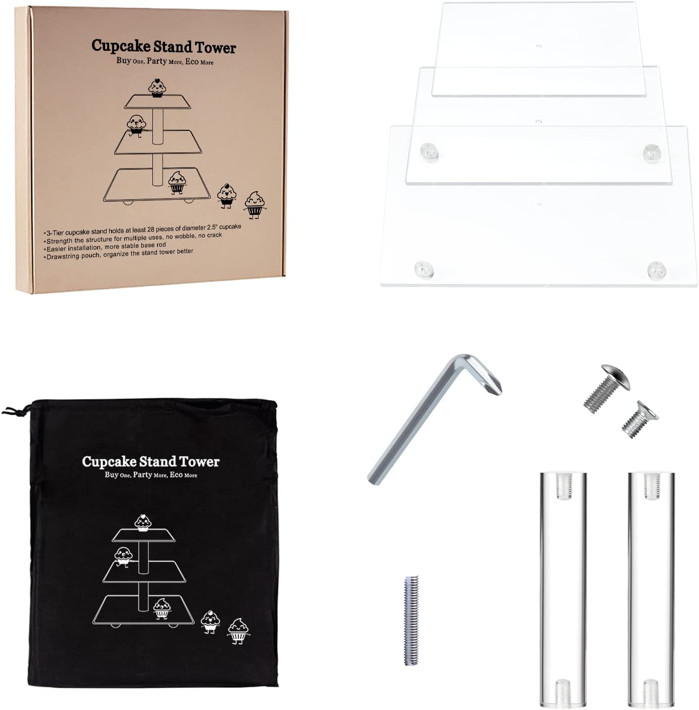 AMEITECH Cupcake Stand with Base, 3-Tier Square Acrylic Cupcake Display Stand Dessert Tower Pastry Stand Premium Cupcake Holder for Wedding Birthday Theme Party- Transparent image number 6