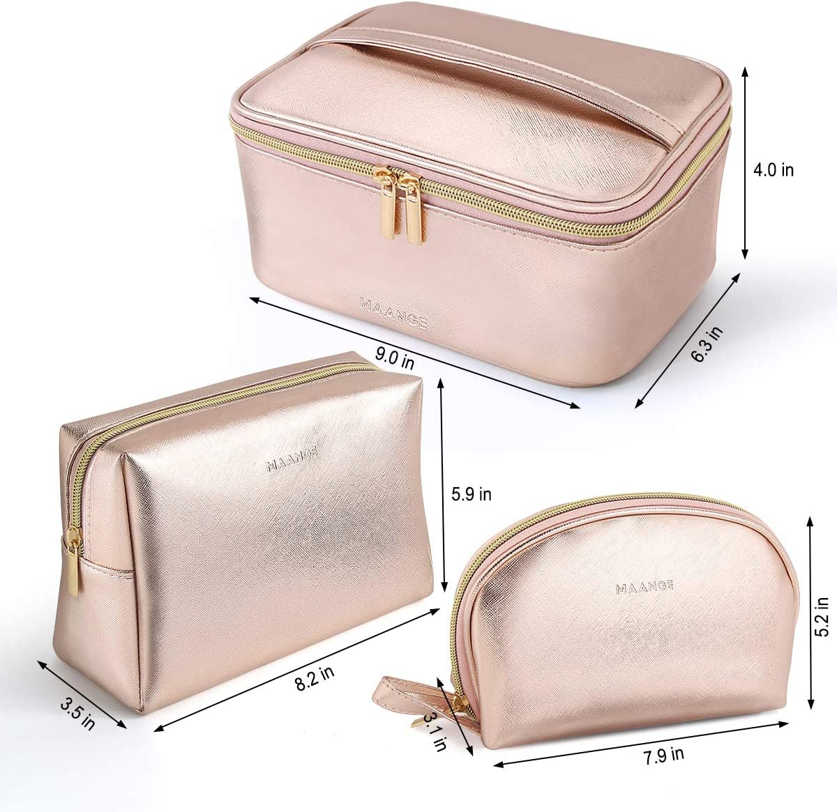 MAANGE 3 Pcs Makeup Bag Portable Travel Cosmetic Bag Large Makeup Bag Organizer with Gold Zipper Waterproof Toiletry Bags for Women and Girls(Rose Gold) image number 6