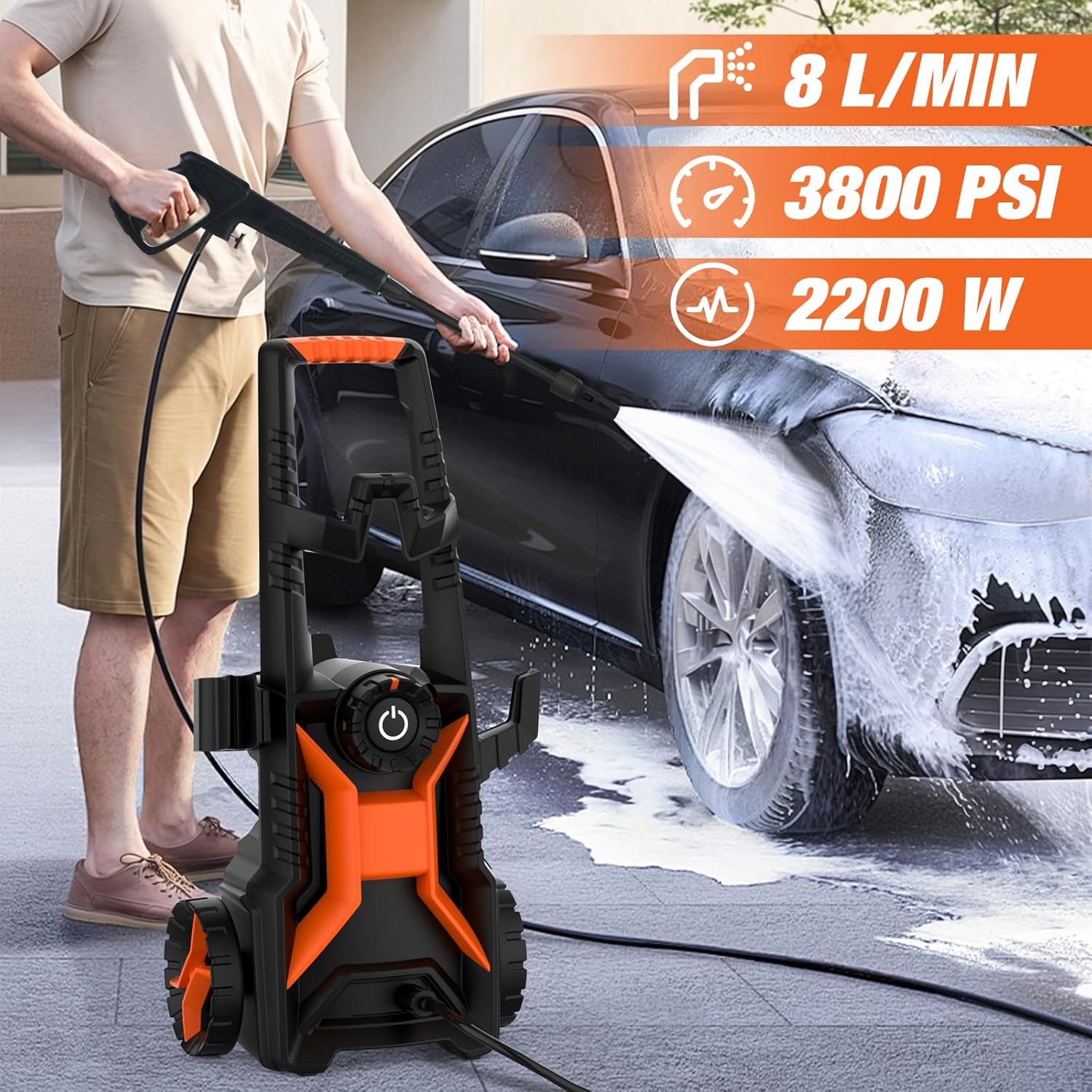 ADVWIN Pressure Washer 3800PSI, 2200W Electric High Power Washer Adjustable Pressure Max 8L/Min, with Spray Gun/8M Hose, Cleaner Machine for Cars Fences Driveways Patios Home Cleaning image number 3