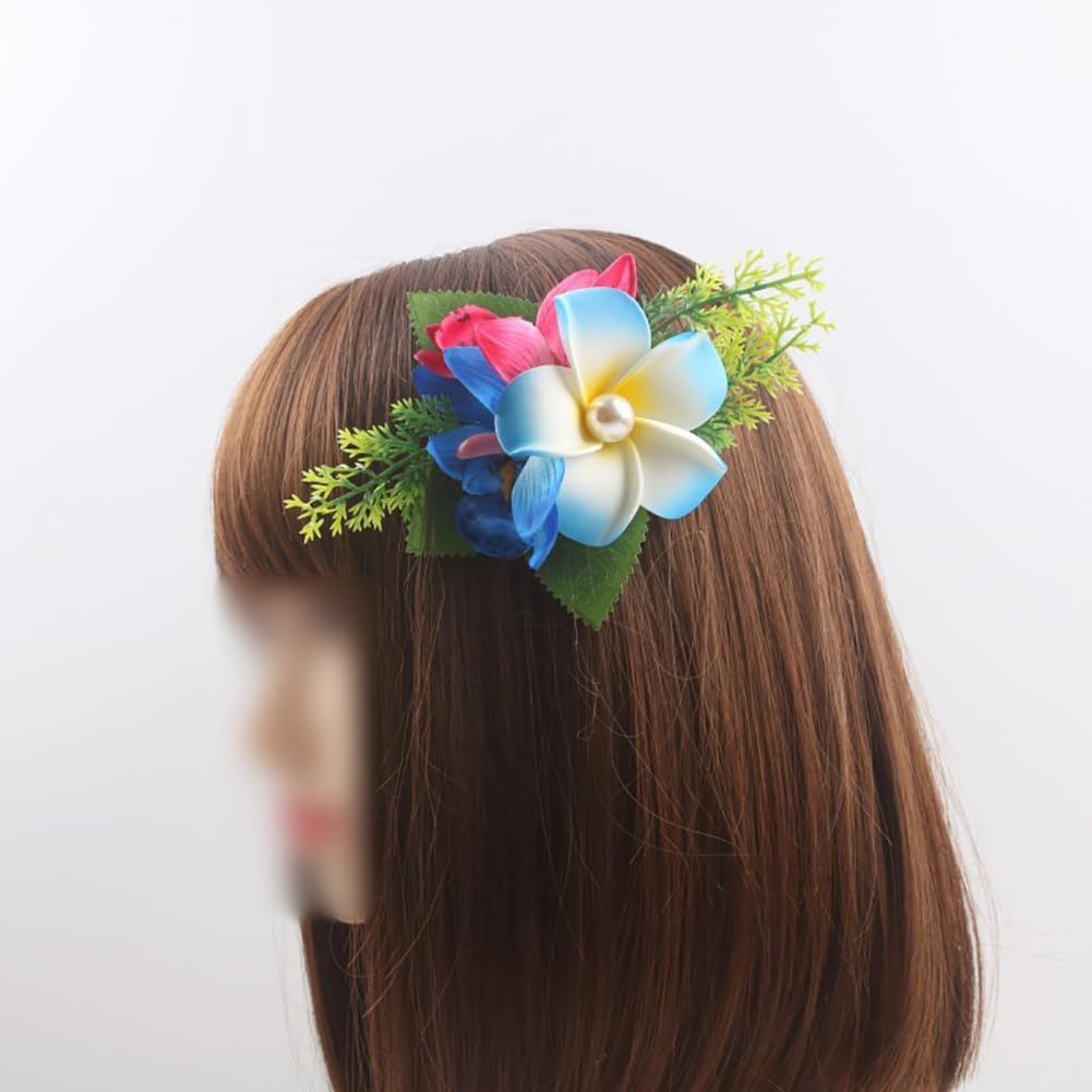 Hawaiian Plumeria Flower Hair Clips Fabric Colorful Bridal Hair Flowers Tropical Flower Hair Accessories for Women Girls Pink Blue Pack of 2 image number 2