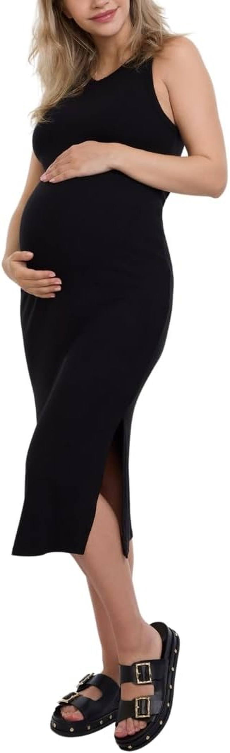 Motherhood Maternity Women'S Sleeveless Racerback Rib Knit Midi Pregnancy Bodycon Dress