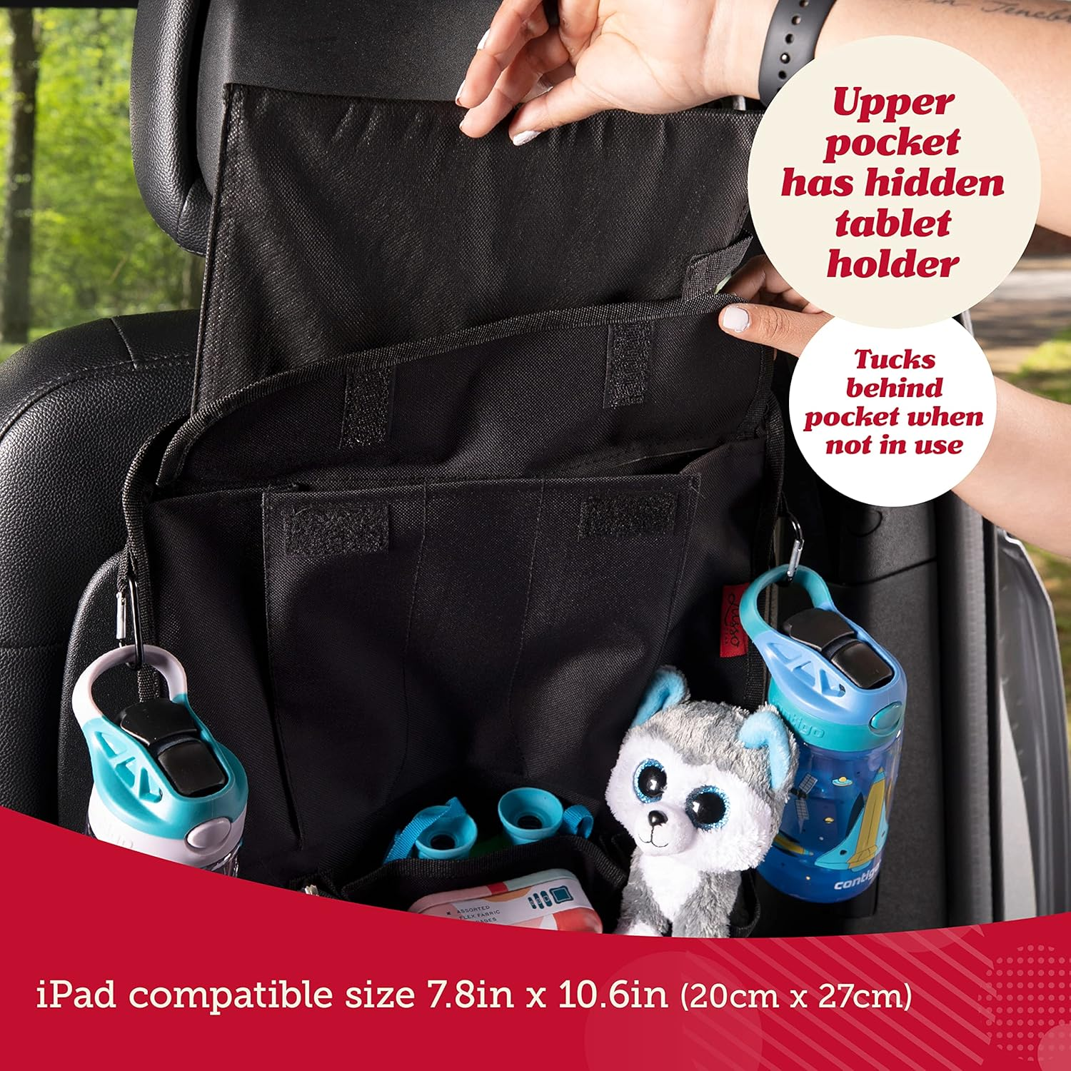 Lusso Gear Heavy Duty Back Seat Car Organizer Extra Large for Protection, Sag Proof & Reinforced Corners, Protects Ipad & Backseat, 12 Versatile Car Seat Organizer Storage Compartments (Black) - Black With Red Stitching image number 4