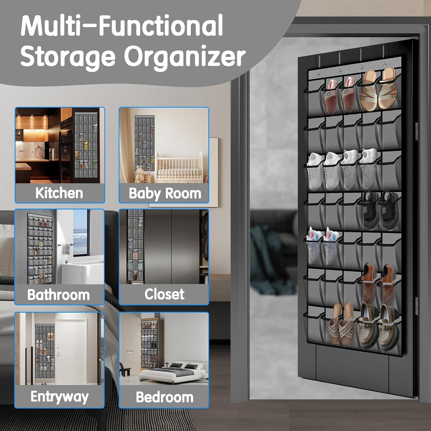 Over the Door Shoe Organiser, 35 Large Mesh Pockets, Space Saving Hanging Storage Holder, Closet Rack Hanger, Hangs on Closets for Shoes, Accessories, Black image number 5