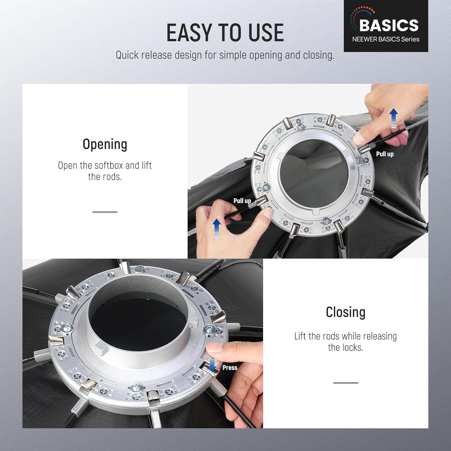 NEEWER Basics Octagonal Softbox Kit for Studio Photography Video Recording Streaming, 25.6"/65Cm Quick Release Bowens Mount Softbox/Grid/Light Diffusers for Continuous Lighting & Strobe Flash, NS33P