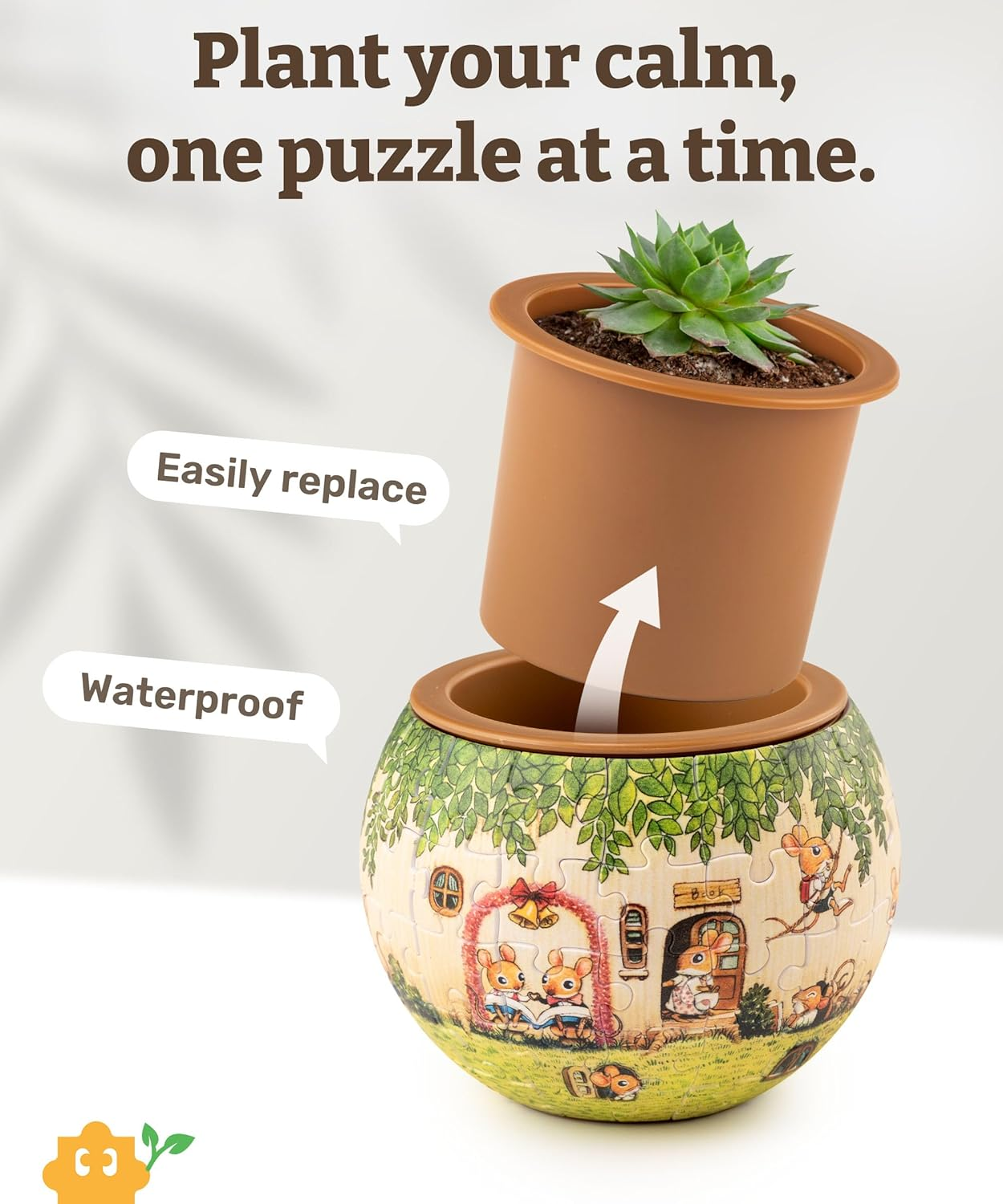 Piecerelax 3D Puzzle Planter - Smart - Happy Reading - Small round Plant Pots with Drainage, Home Decor Flower Pots for Indoor Cactus, Succulents Pots [K1102] image number 3
