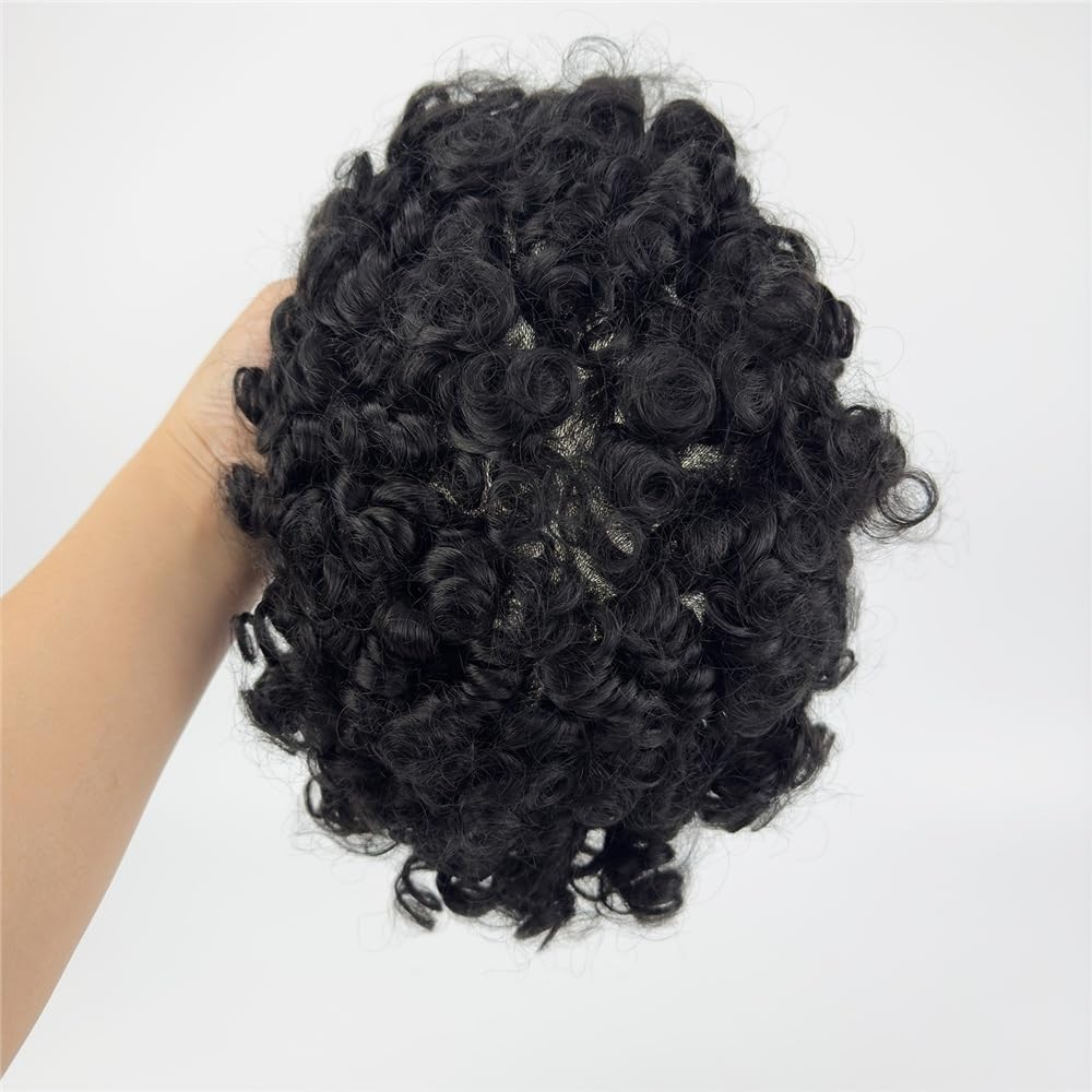 Replacement Men Toupee 12Mm Curly Real Human Hair Injection PU Skin Base Male Capillary Prosthesis Systems image number 5