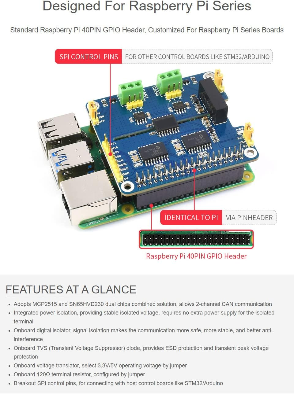 Waveshare 2-Channel CAN Bus Expansion HAT for Raspberry Pi MCP2515 + SN65HVD230 Dual Chips Solution image number 6