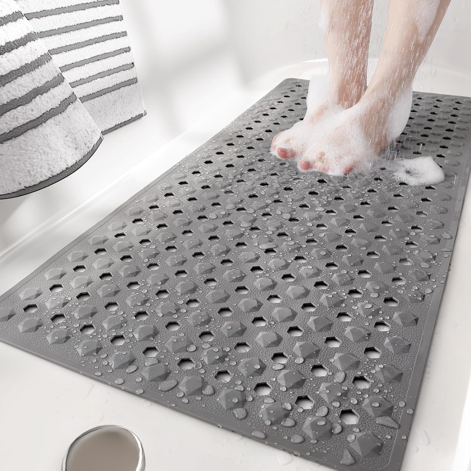Color&Geometry Bathtub Mat Non Slip 16"X39", Long Bath Tub Mat with 187 Suction Cups and Bigger Drain Holes, Easy to Clean, Quick Dry Shower Mats for inside Shower for Kids, Elderly,Grey image number 2