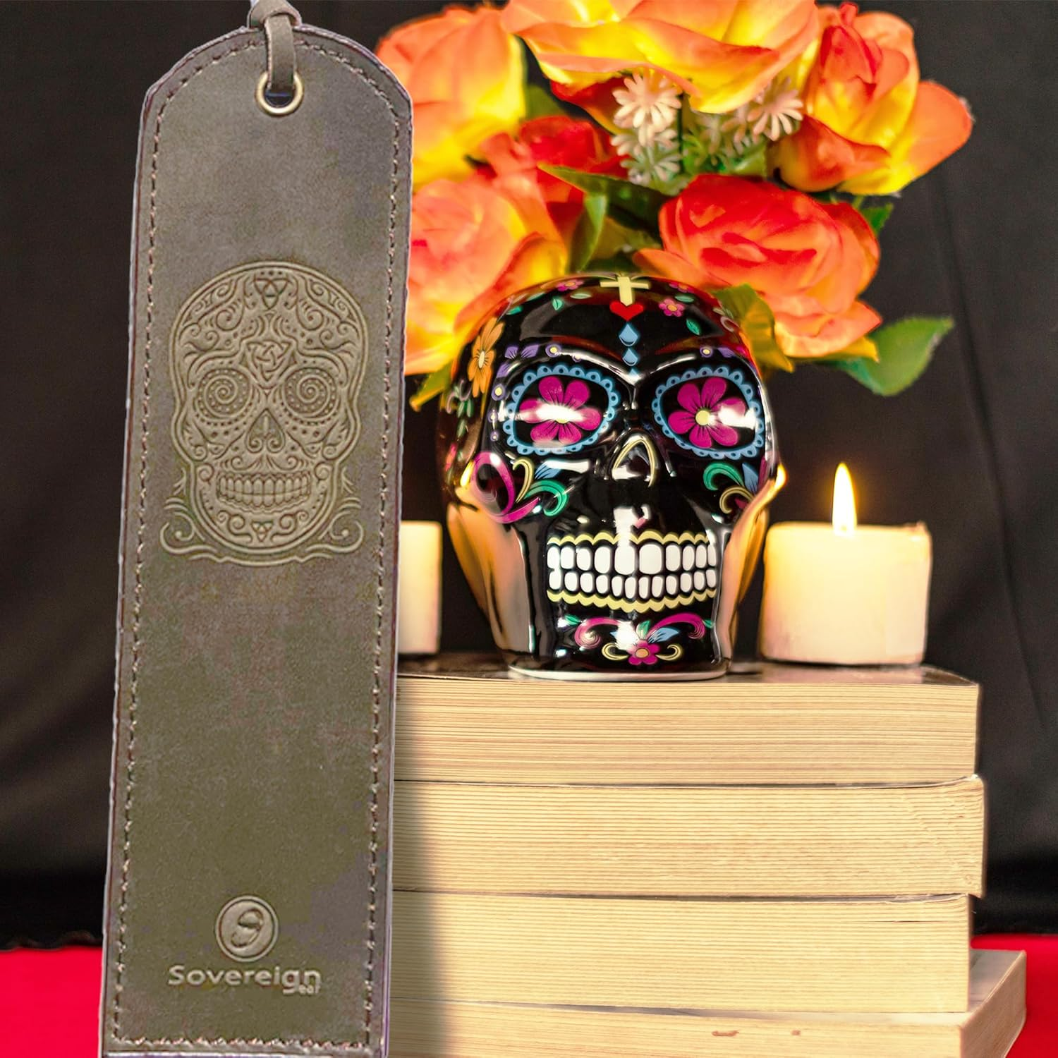 Leather Bookmark Handmade with Sugar Skull Design - 2 Genuine Leather Book Marks for Reading - Unique Bookmarks for Men Women Girls | Gothic Book Lover Gifts for Bookworms Relatives and Friends image number 6
