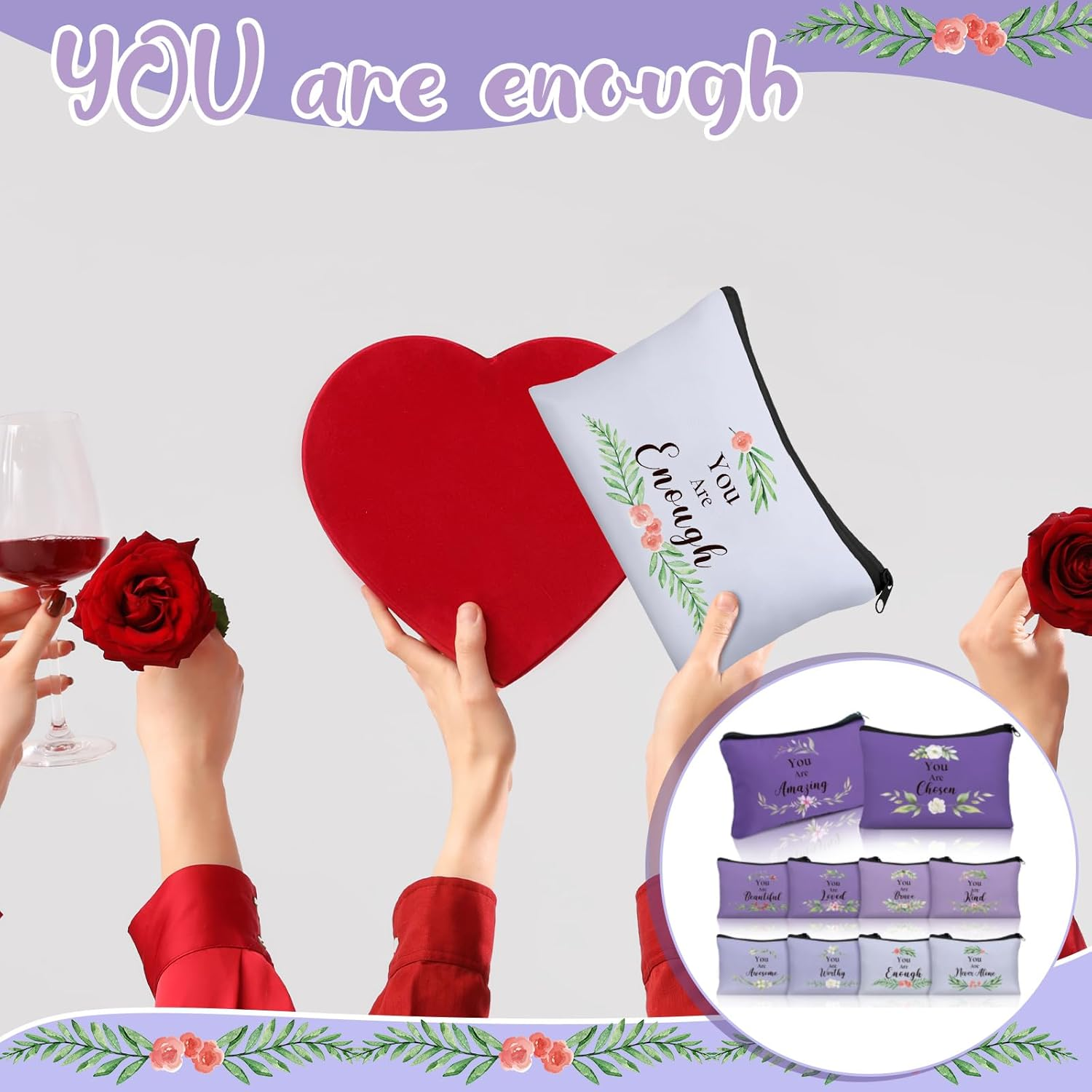 Hillban 10 Pcs Inspirational Makeup Bags for Women Bulk Cosmetic Bags Christian Bible Verse Cosmetic Pouch for Valentine'S Day Galentine'S Day Gift Religious Church Travel Pouch(Flower,Purple)