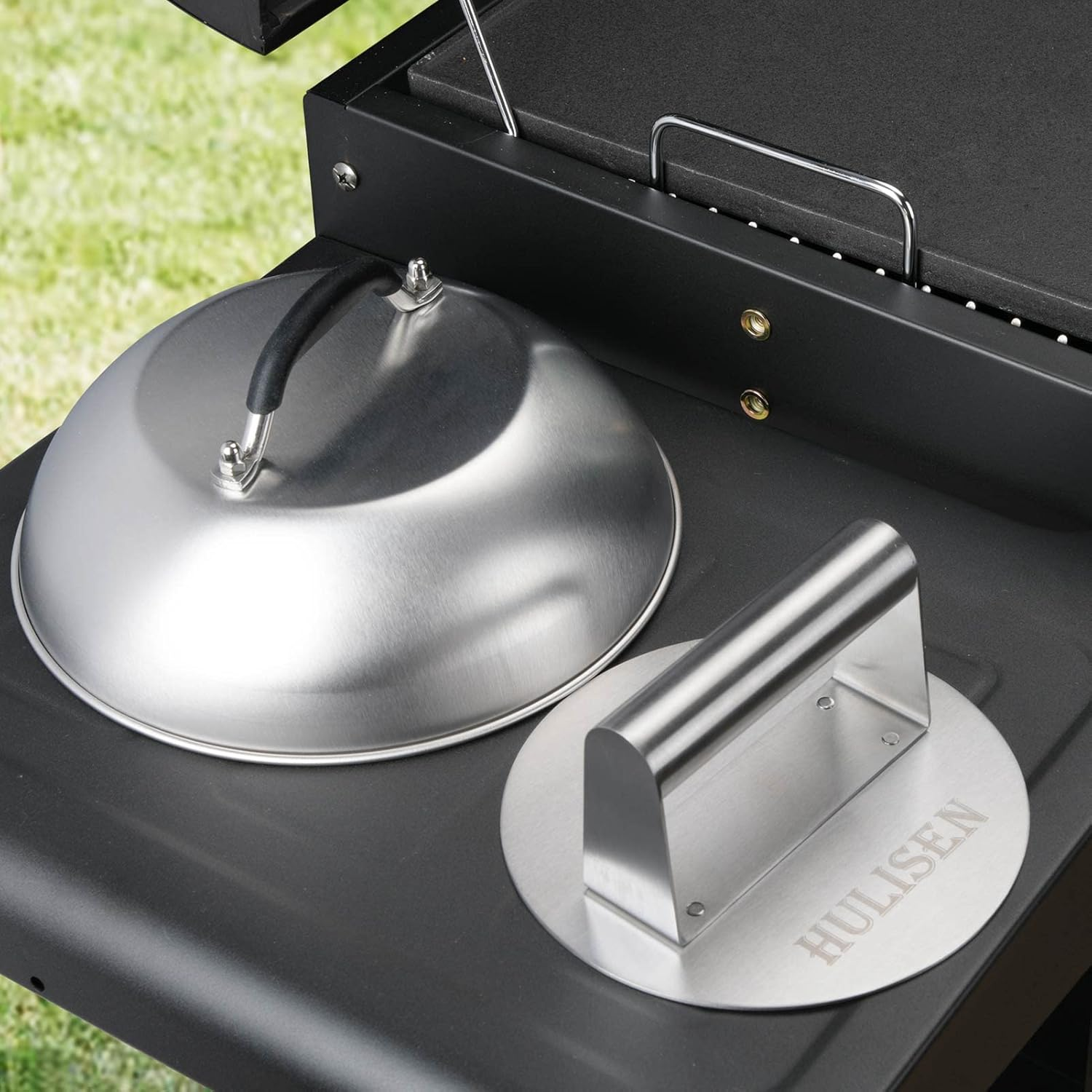 HULISEN Cheese Melting Dome & Smashed Burger Press, 6.2" Grill Press with 9" Basting Cover, Stainless Steel Burger Smasher, Griddle Accessories Kit for Flat Top Grill Cooking Indoor/Outdoor image number 5