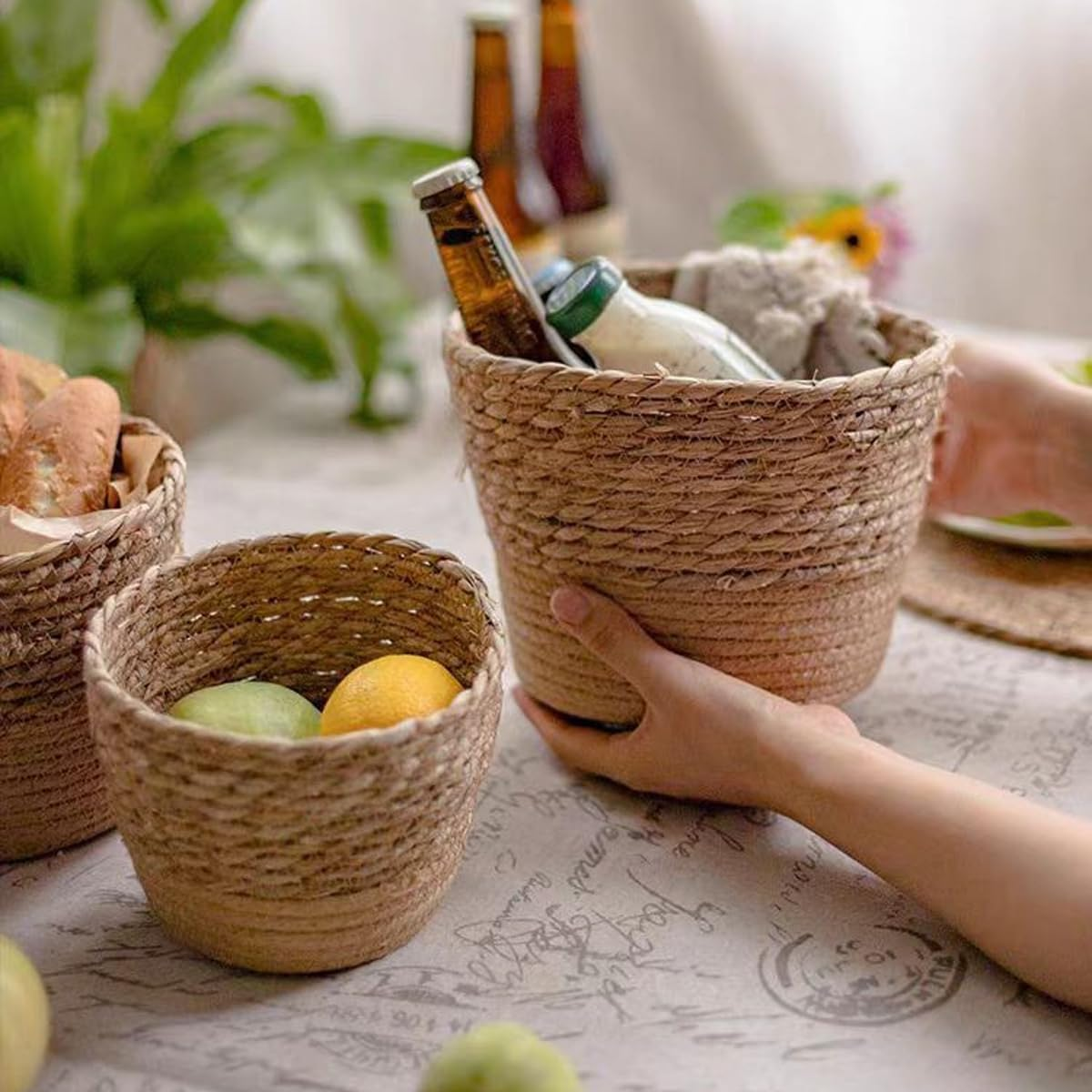 AIMALL 3Pcs Natural Seagrass Woven Planter Basket Set &ndash; Handmade Rattan Plant Pots for Indoor Greenery and Home D&eacute;cor image number 2