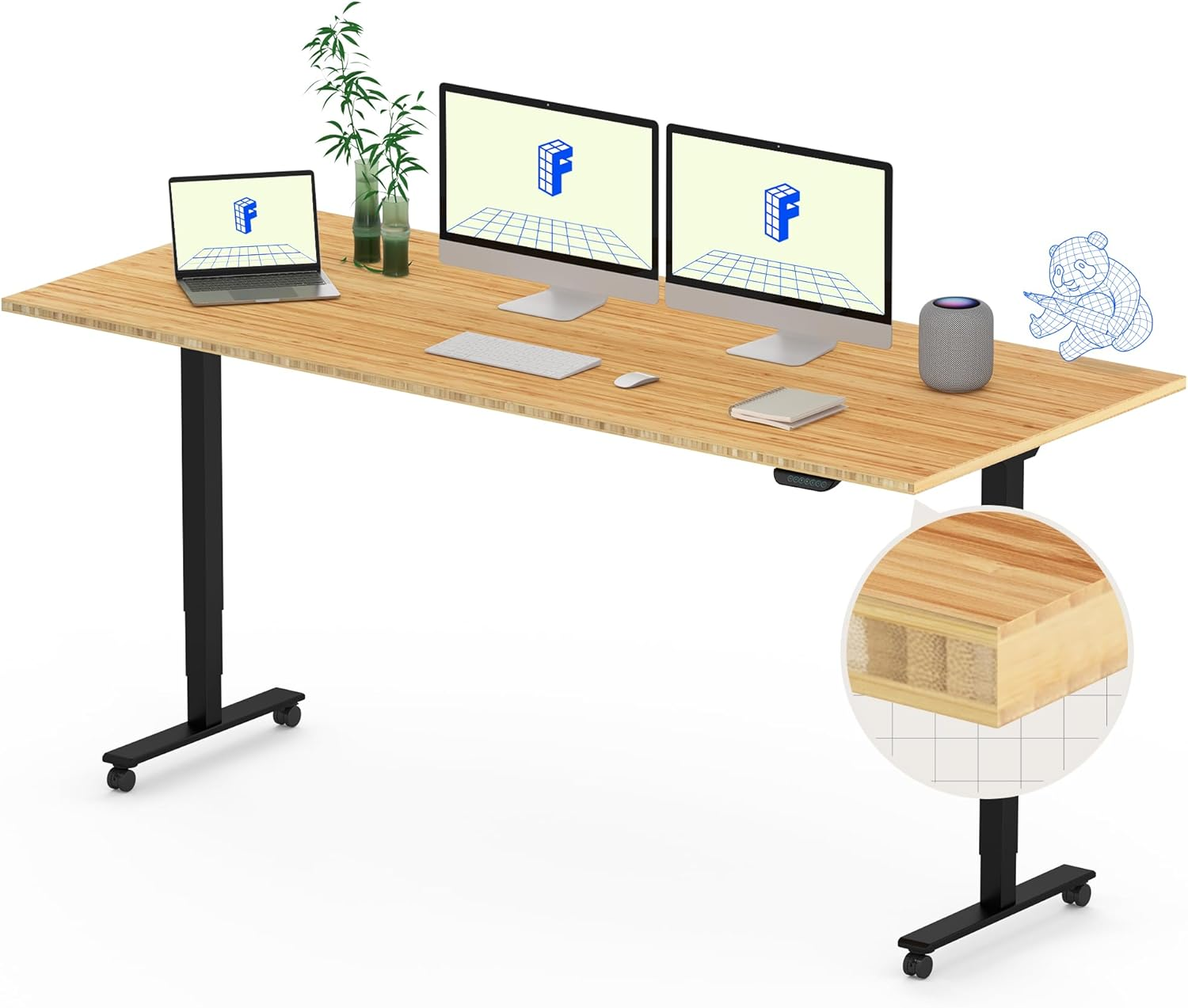 FLEXISPOT E6 Bamboo Dual Motor 3 Stages Standing Desk 180X75 Cm Whole-Piece Board Electric Height Adjustable Desk Stand up Desk Large Load Capacity(Black Frame + Bamboo Desktop) image number 1