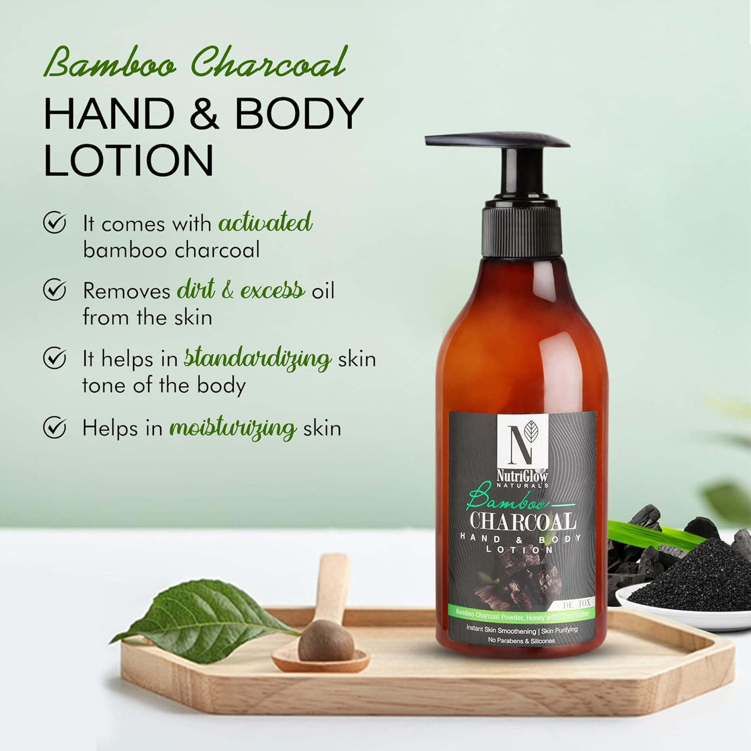 Nutriglow Natural'S Bamboo & Charcoal Hand & Body Lotion with Bamboo Charcoal Powder | Honey with Shea Butter | Instant Skin Smoothening | Skin Purifying | No Parabens & Silicones_300 ML image number 3