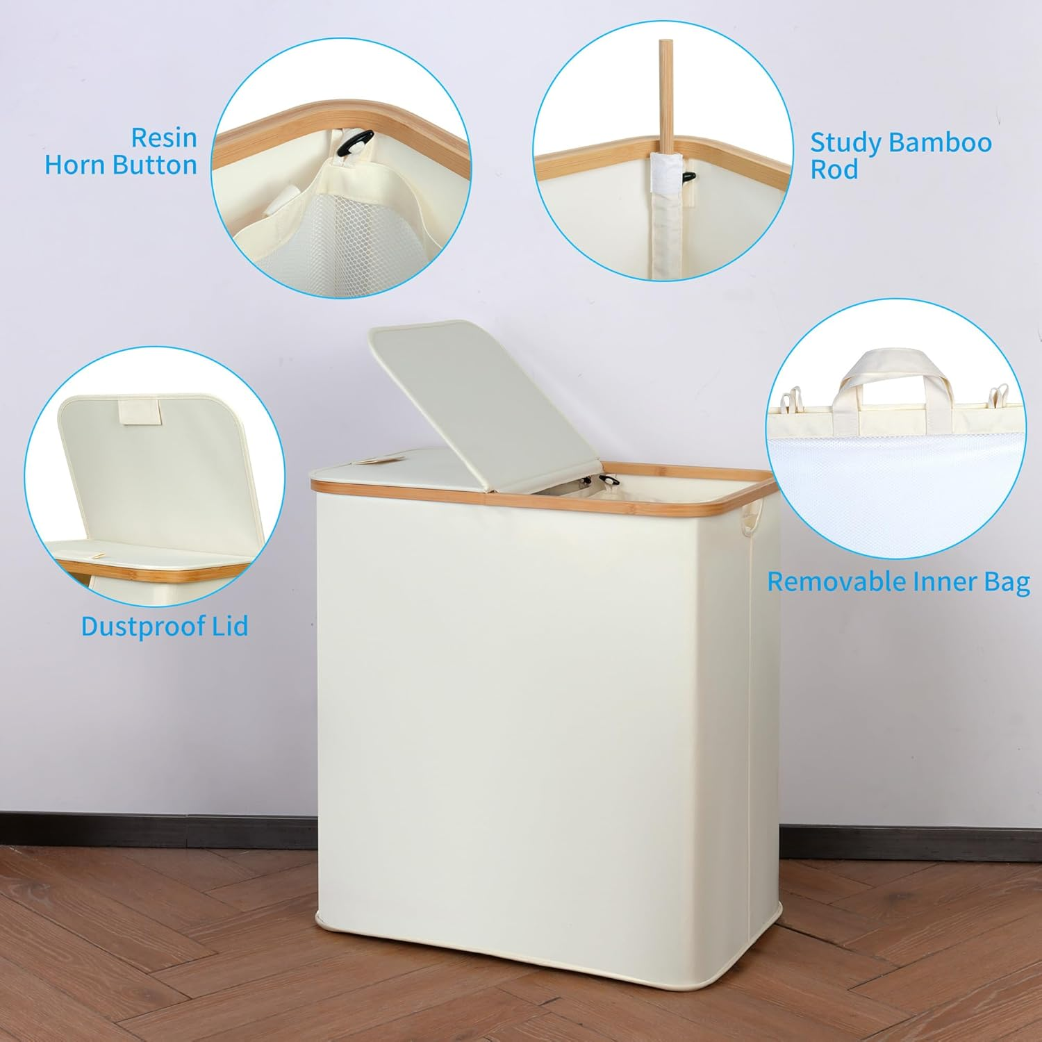 Efluky 140L Laundry Baskets with Lid - 2 Compartment Laundry Hamper, Double Basket with 2 Removable Bags, Light Grey - Beige image number 4