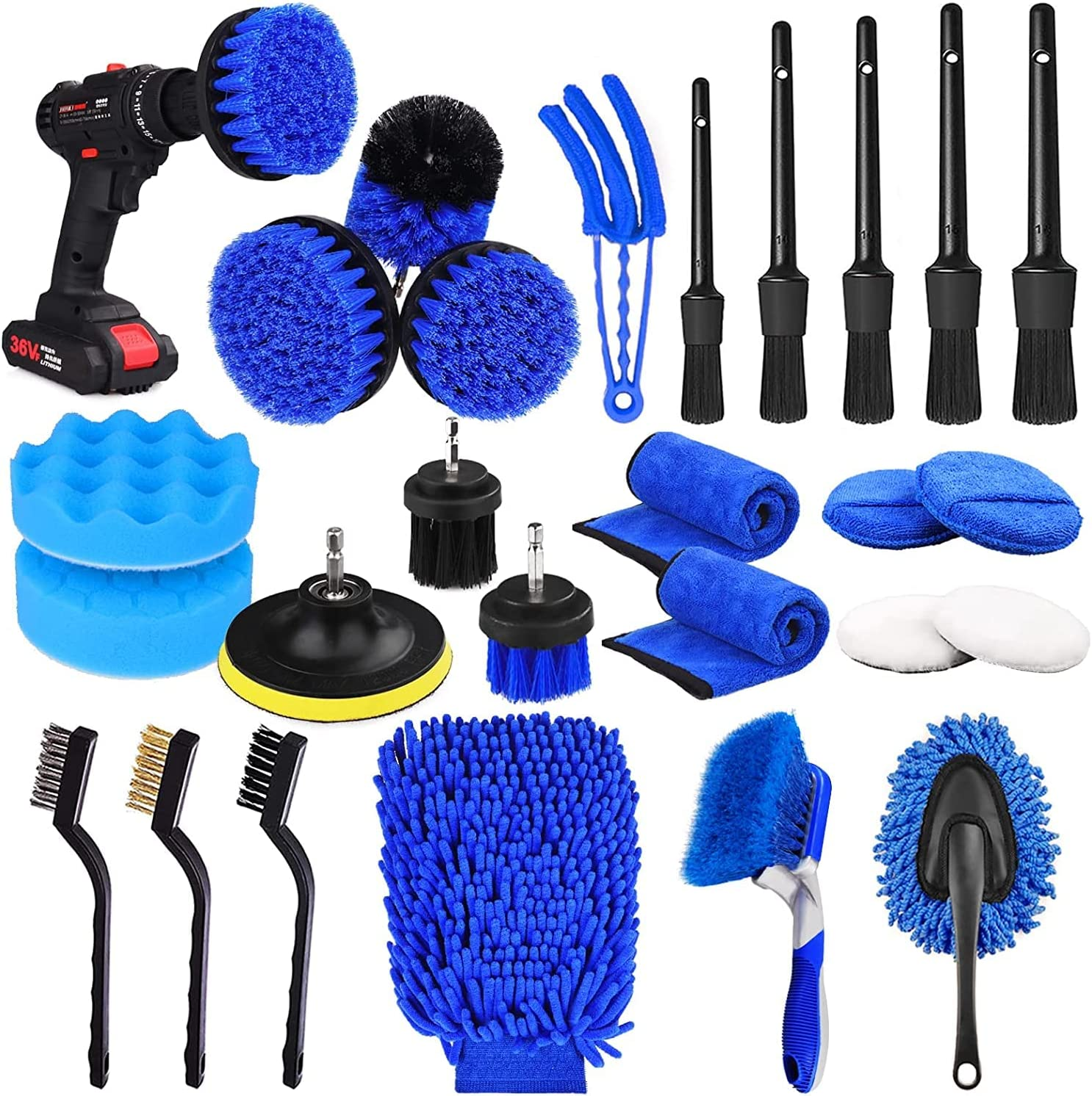 26Pcs Car Detailing Brush Set, Car Detailing Kit, Auto Detailing Drill Brush Set, Car Detailing Brushes, Car Buffing Sponge Pads Kit, Car Cleaning Tools Kit for Interior, Exterior, Wheels