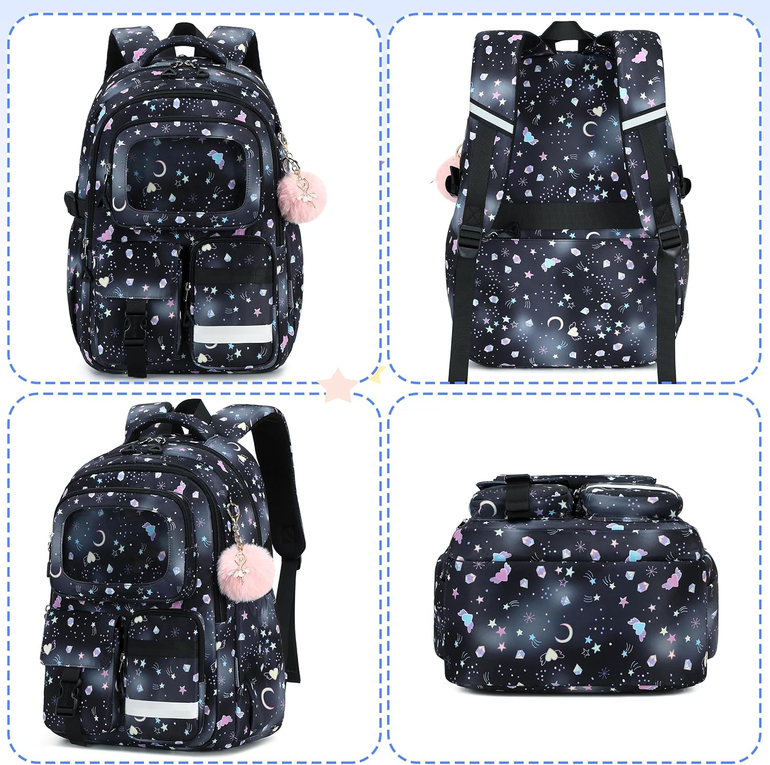 AO ALI VICTORY Backpack for Girls with Lunch Bag Kids School Bags for Elementary Middle School Students Cute Bookbag Set - Black Set image number 5