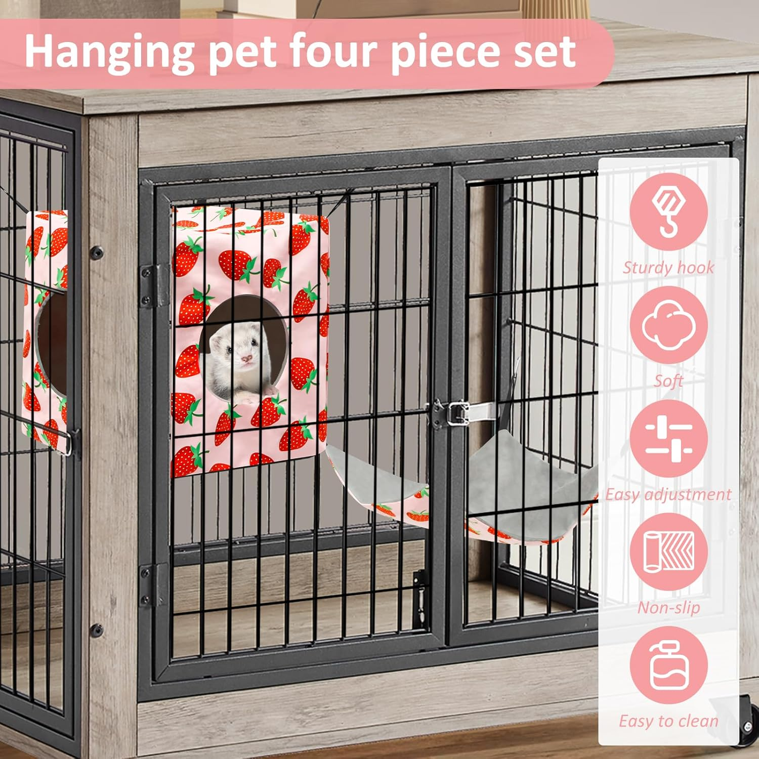 Pack of 4 Hamster Hammocks House, Hanging Swing Small Animals Bed Linen, Washable Rat Cage Accessories, Soft Plush Guinea Pig Bed Toy for Ferrets Rats Guinea Pigs Parrot (Pink) image number 4