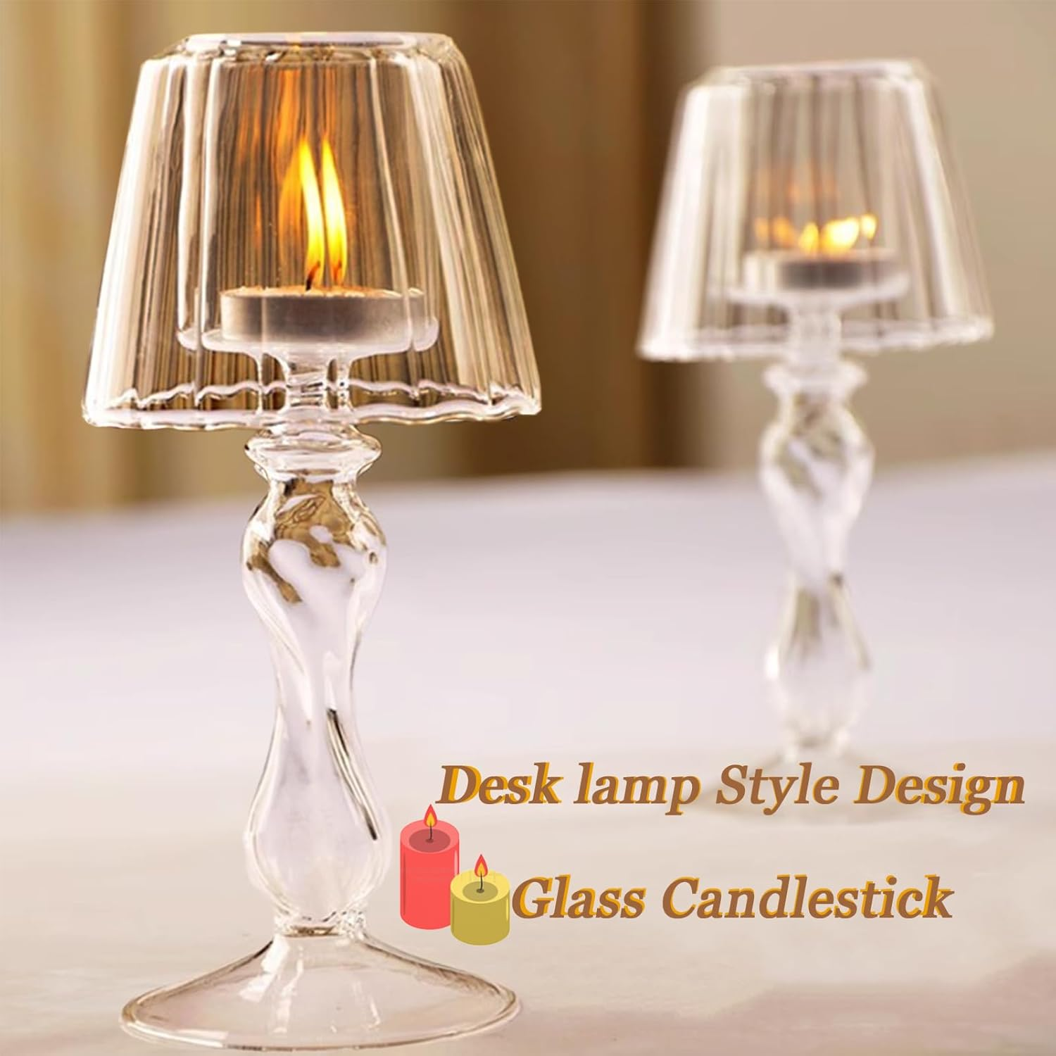 MLKLDOU Glass Candlestick Holder，Candle Holder Desk Lamp Shaped，Glass Tea Light Candlestick for Home Dining Table Office Desk Party Decoration Candle Holder (Transparent)