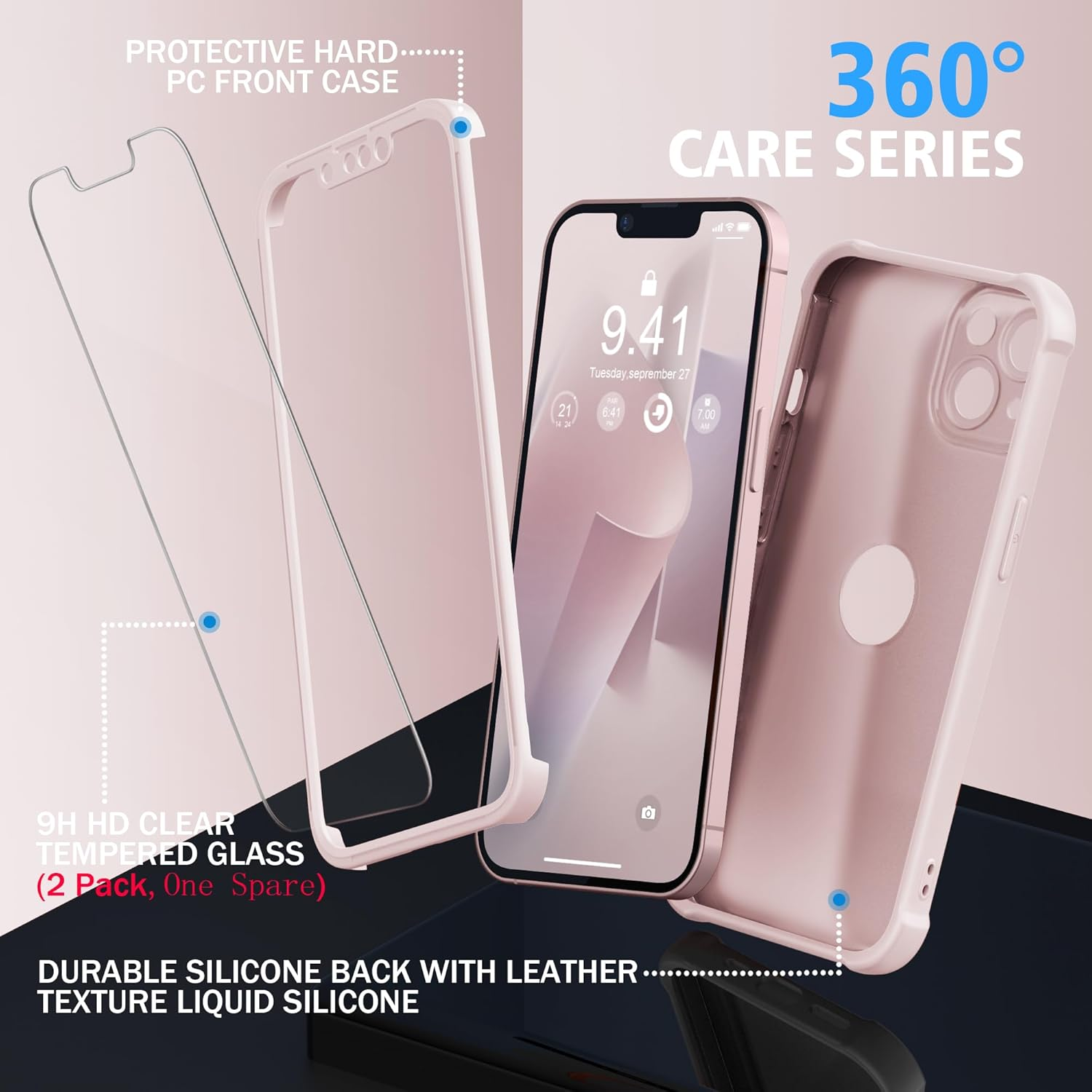 ORETECH Designed for Iphone 13 Case with 2 X Tempered Glass Screen Protector Shockproof Protection Cover Hard PC Silky Soft Touch Full Body Protective Case for Iphone 13 (2021) 6.1'' - Baby Pink