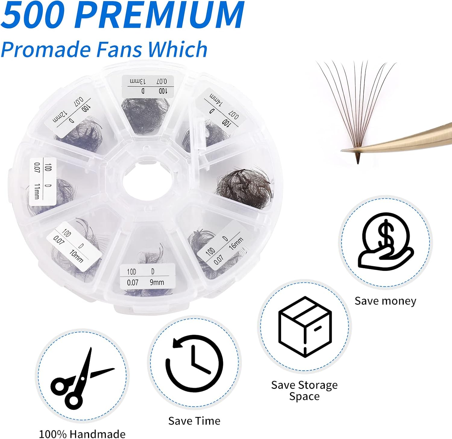 10D Brown Premade Fans Volume Lash Extensions 500 PCS 0.07Mm 9-16Mm Mixed C/D Curl Short Stem Premade Volume Eyelash Extensions Pointed Base Fans(9-16Mm Mixed,500Pcs-10D-0.07-D) image number 1