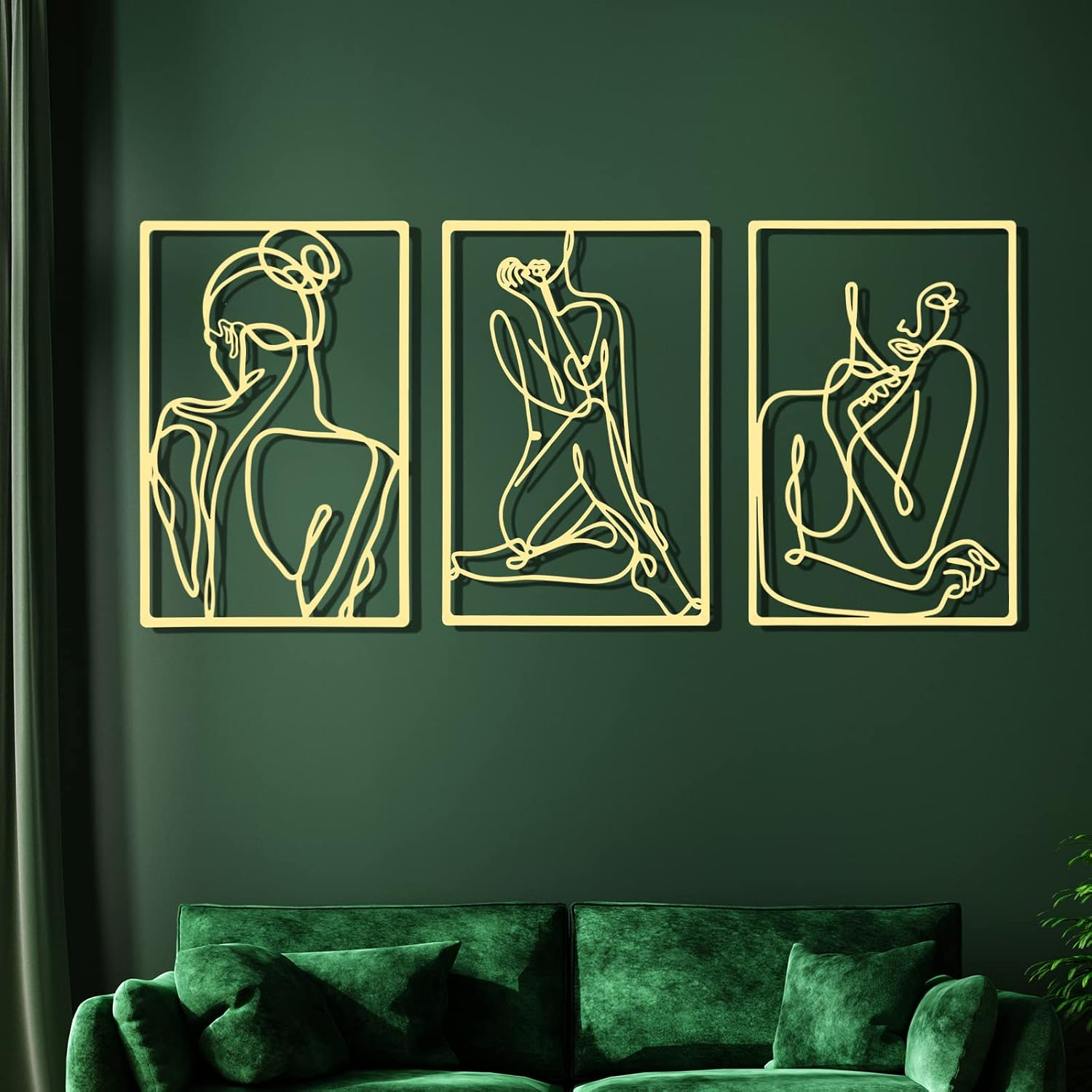 3 Pieces Metal Minimalist Abstract Woman Wall Art Line Drawing Wall Art Decor Single Line Female Home Hanging Wall Art Decor for Kitchen Bathroom Living Room (Gold, Flower)