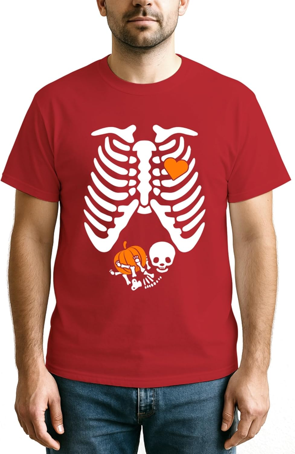 Maternity Skeleton Baby Pumpkin Heart Halloween Pregnancy Announcement T-Shirt for Adults Crew Neck Short Sleeve Tee Shirt image number 6
