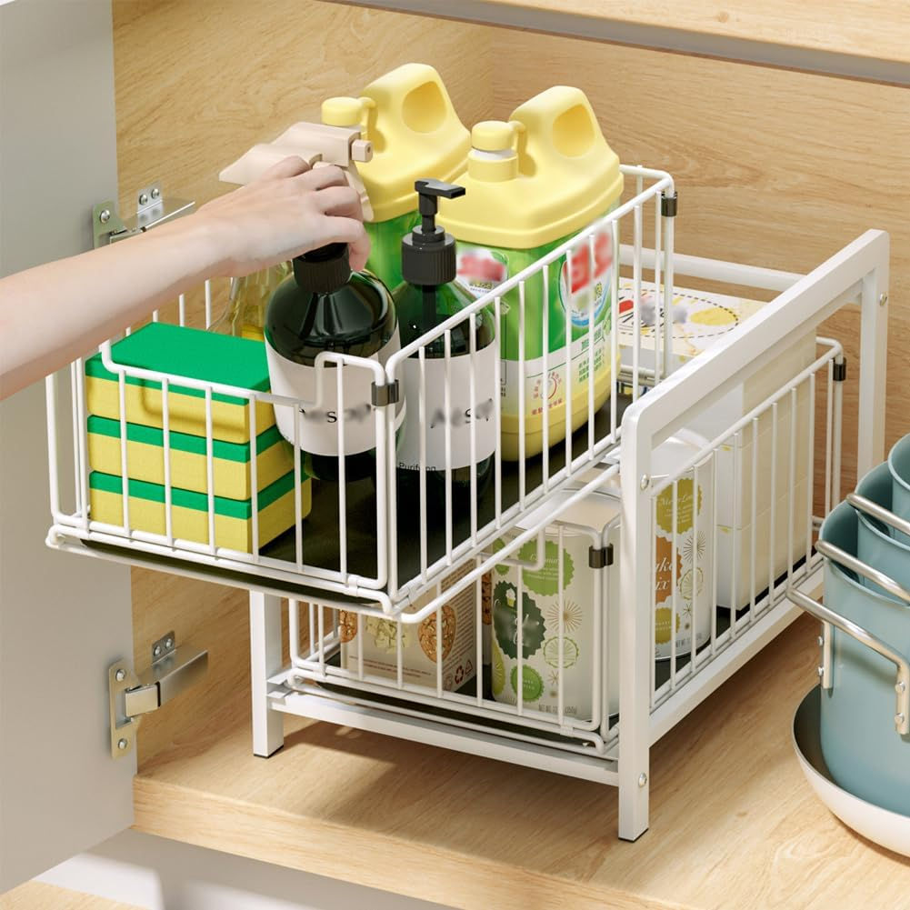 Yunnasi under Sink Storage 2-Tier Pull Out Sliding Basket for Cabinet Kitchen Cupboard Organiser Detachable Metal Storage Rack for Bathroom (Regular, Whitewhite) - Blackblack image number 6