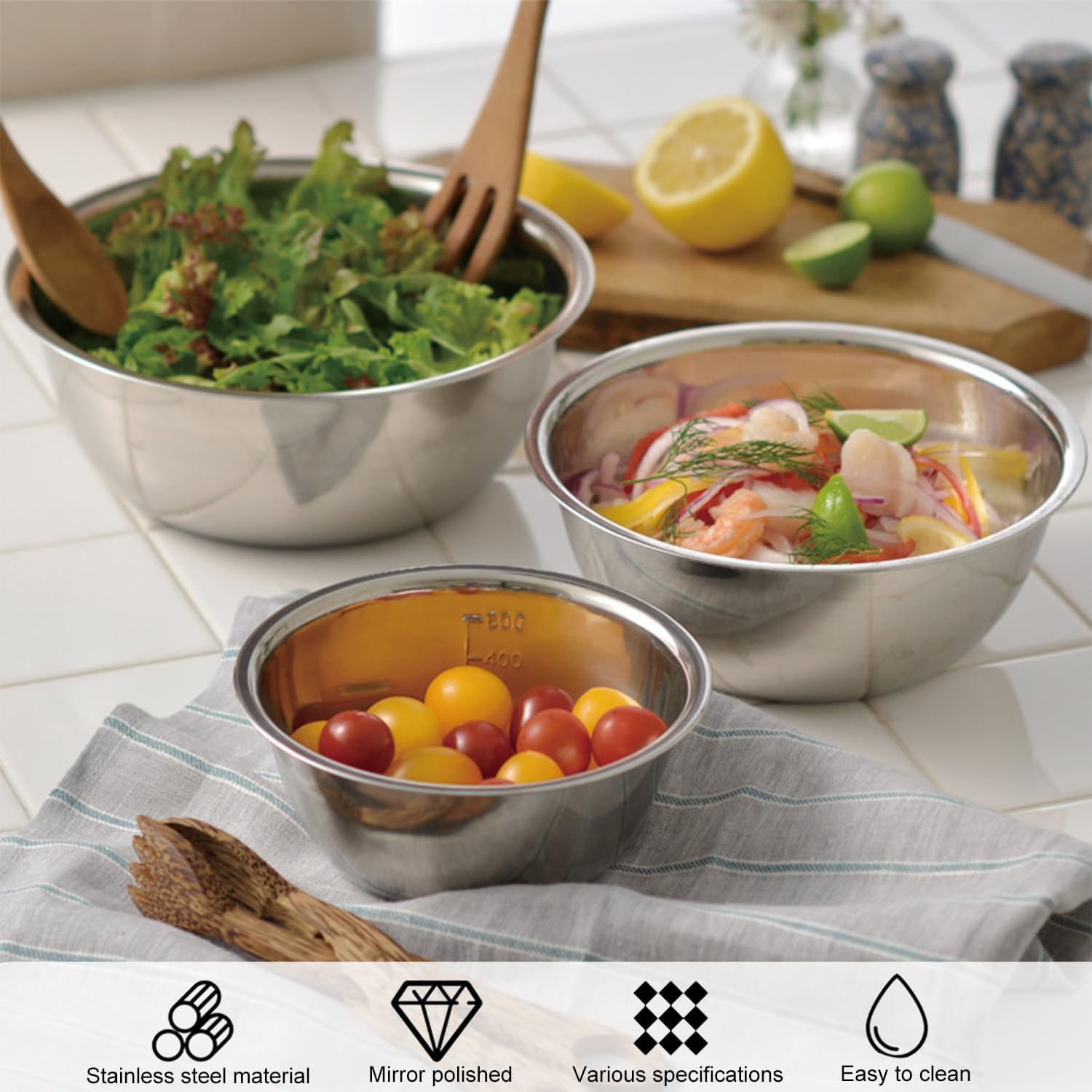 Stainless Steel Mixing Bowls Set of 5, Nesting Whisking Bowl Set, Space-Saving Storage, Metal Mixing Bowls for Baking, Prepping, Cooking and Serving Food, Salad, Vegetables image number 3