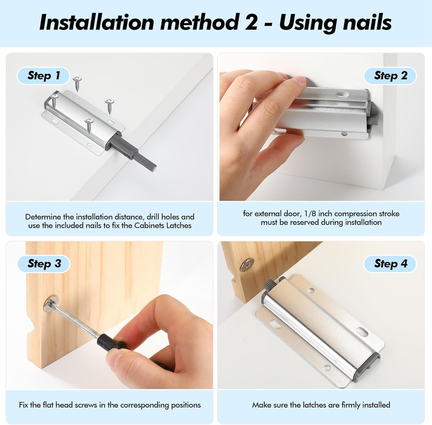 Push to Open Door Latches - Heavy Duty Aluminum Alloy Cabinet Latches, Door Catch for Kitchen, Closet, Wardrobe, Drawers & Cabinets Push to Open Door Hardware (2 Pieces) image number 6