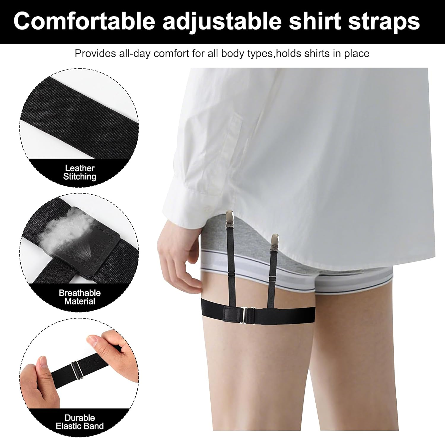 JUNART 2Pcs Men'S Elastic Shirt Garters Feature Non-Slip Duckbill Clips and Adjustable Straps, for Formalwear, Workwear and Suit Combinations